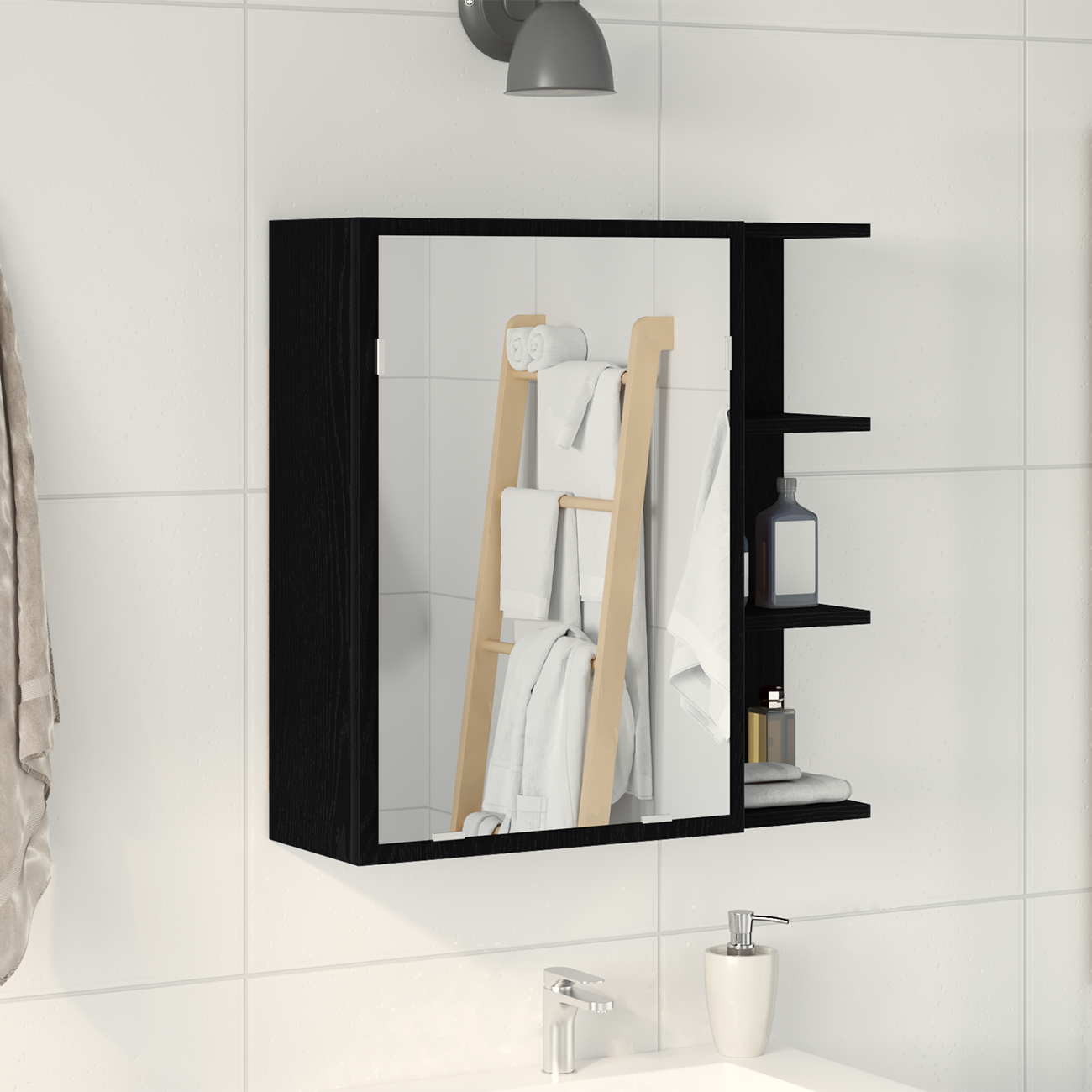Black Oak Bathroom Mirror Cabinet - 62.5 x 20.5 x 64 cm - Made of Engineered Wood