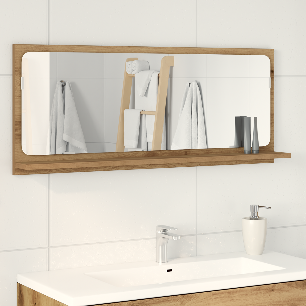 Bathroom Mirror - Handmade Oak, 90x10.5x37 cm, Made from Engineered Wood