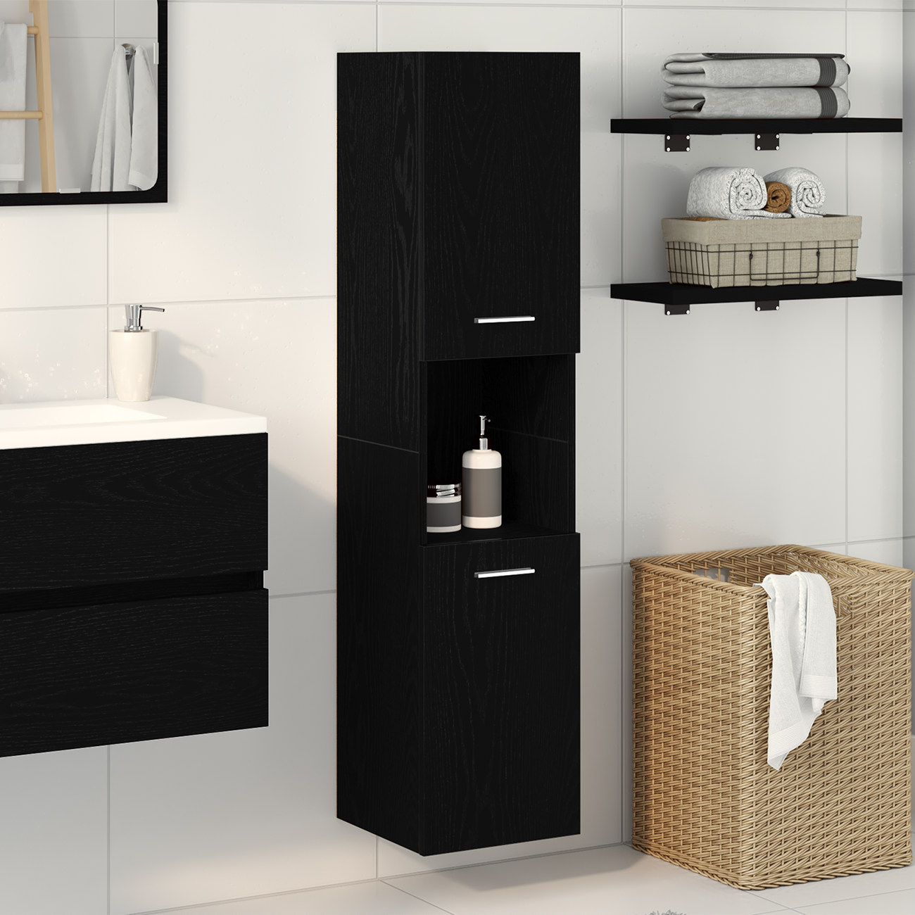 Black Oak Bathroom Wall Cabinet, 30x30x130 cm, Made from Engineered Wood