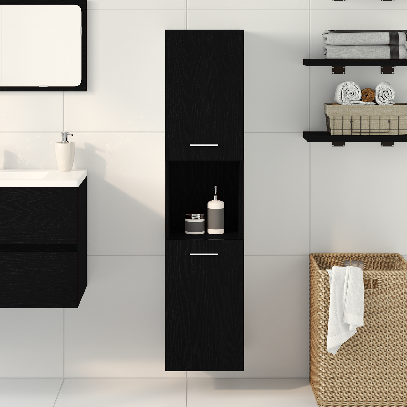 Black Oak Bathroom Wall Cabinet, 30x30x130 cm, Made from Engineered Wood - Image 4