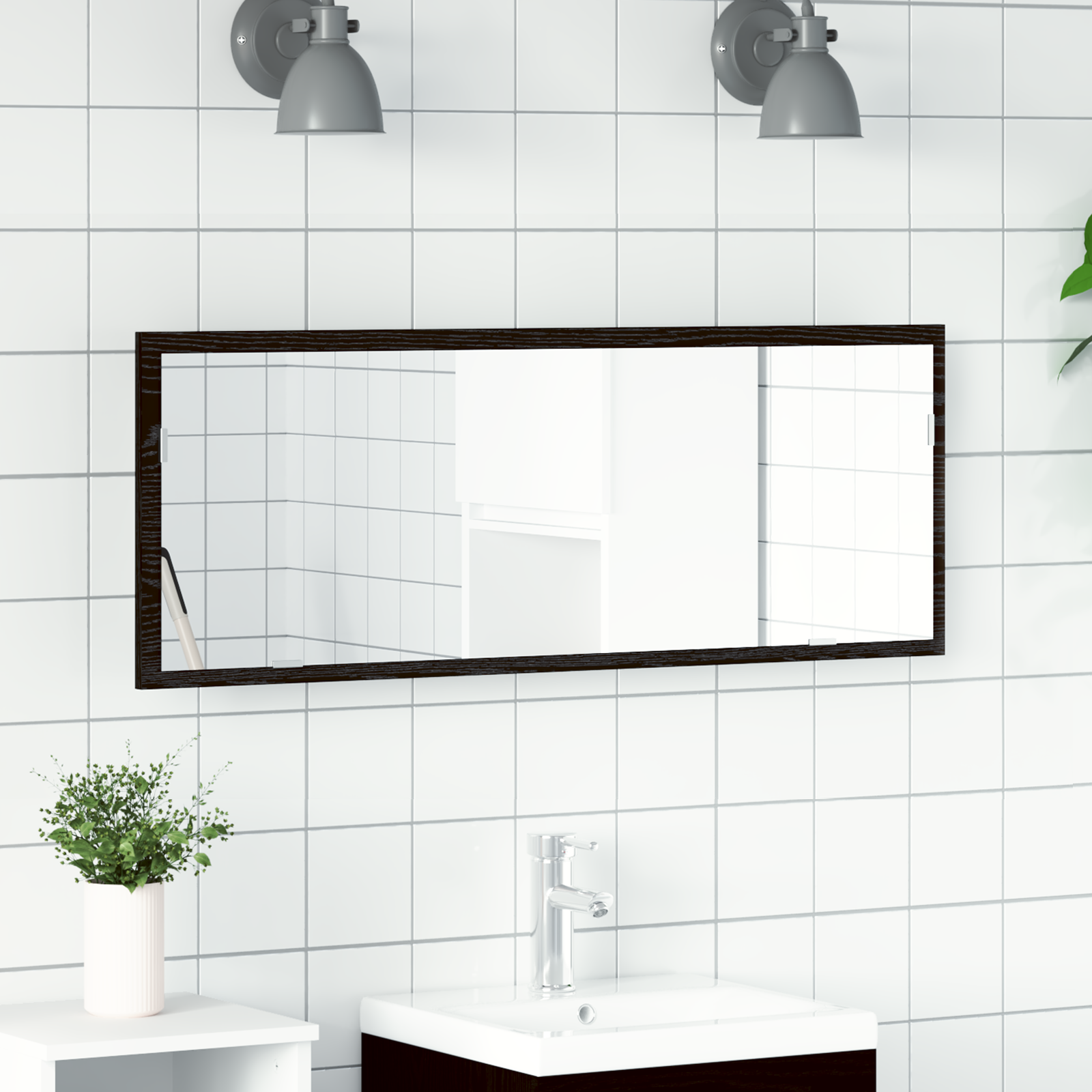 LED Bathroom Mirror Black Oak 100x8.5x37 cm Engineered Wood