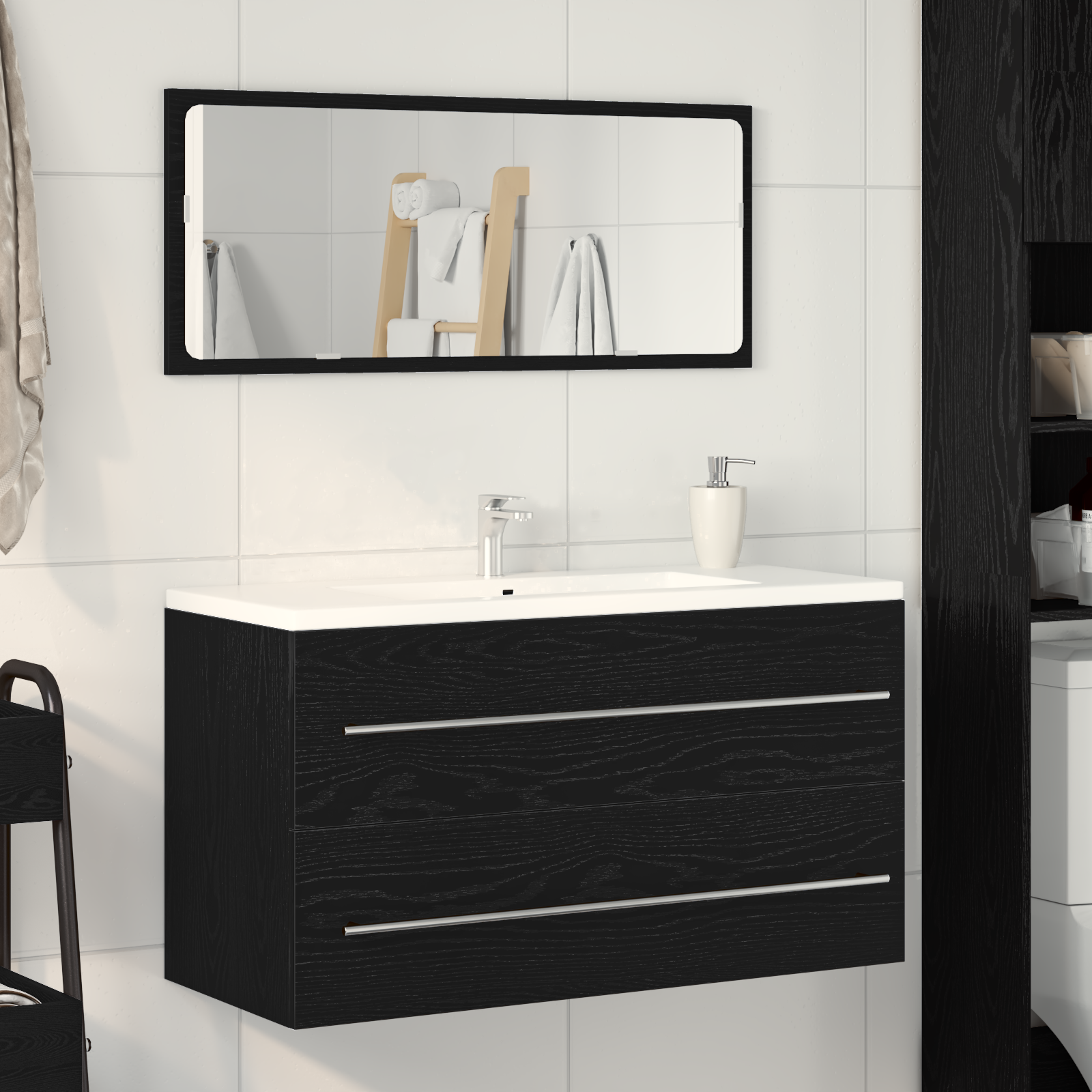 Sink Cabinet with Mirror Black Oak 90x45x1,5 cm Engineered Wood