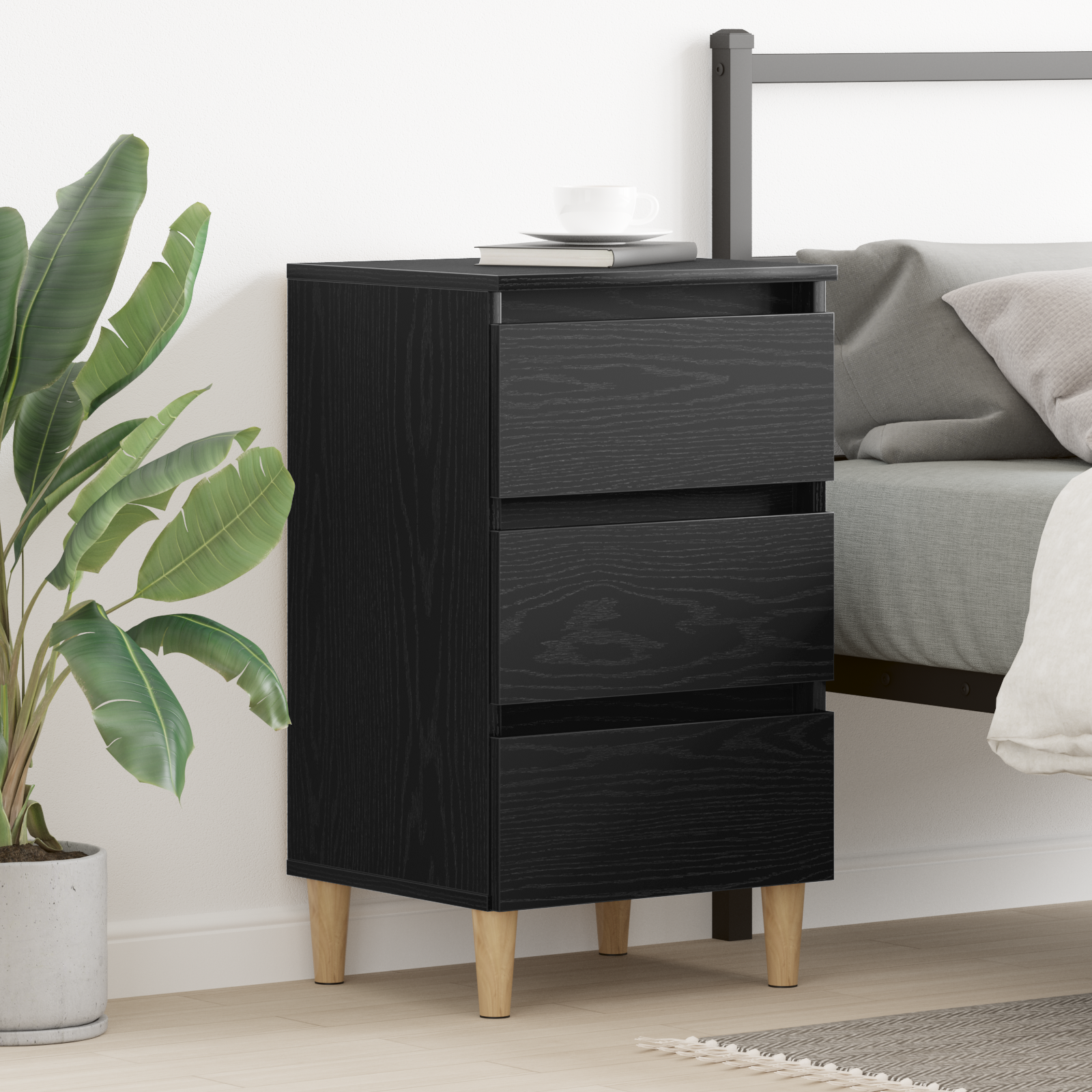 Bedside Cabinet with Wooden Leg Black Oak 40x35x69 cm