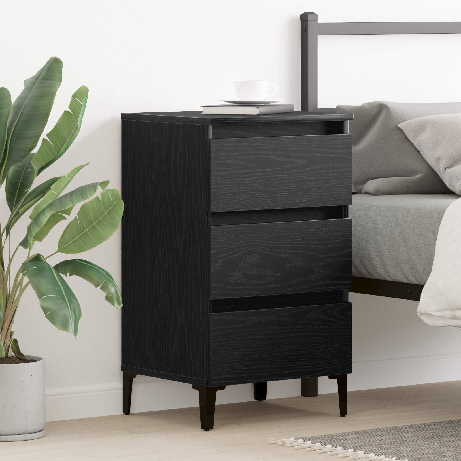 Bedside Cabinet with Metal Leg Black Oak 40x35x69 cm