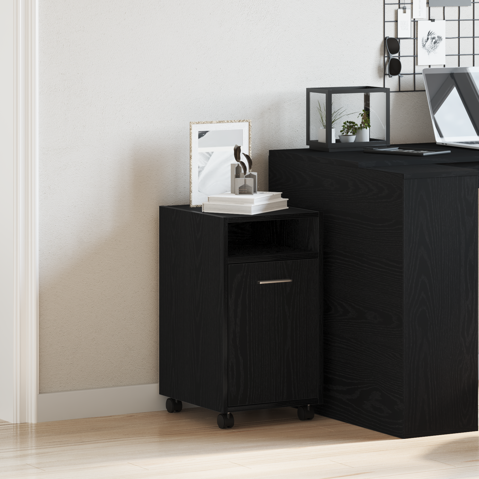 Side Cabinet on Wheels - Black Oak, 33x38x60 cm, Made of Engineered Wood
