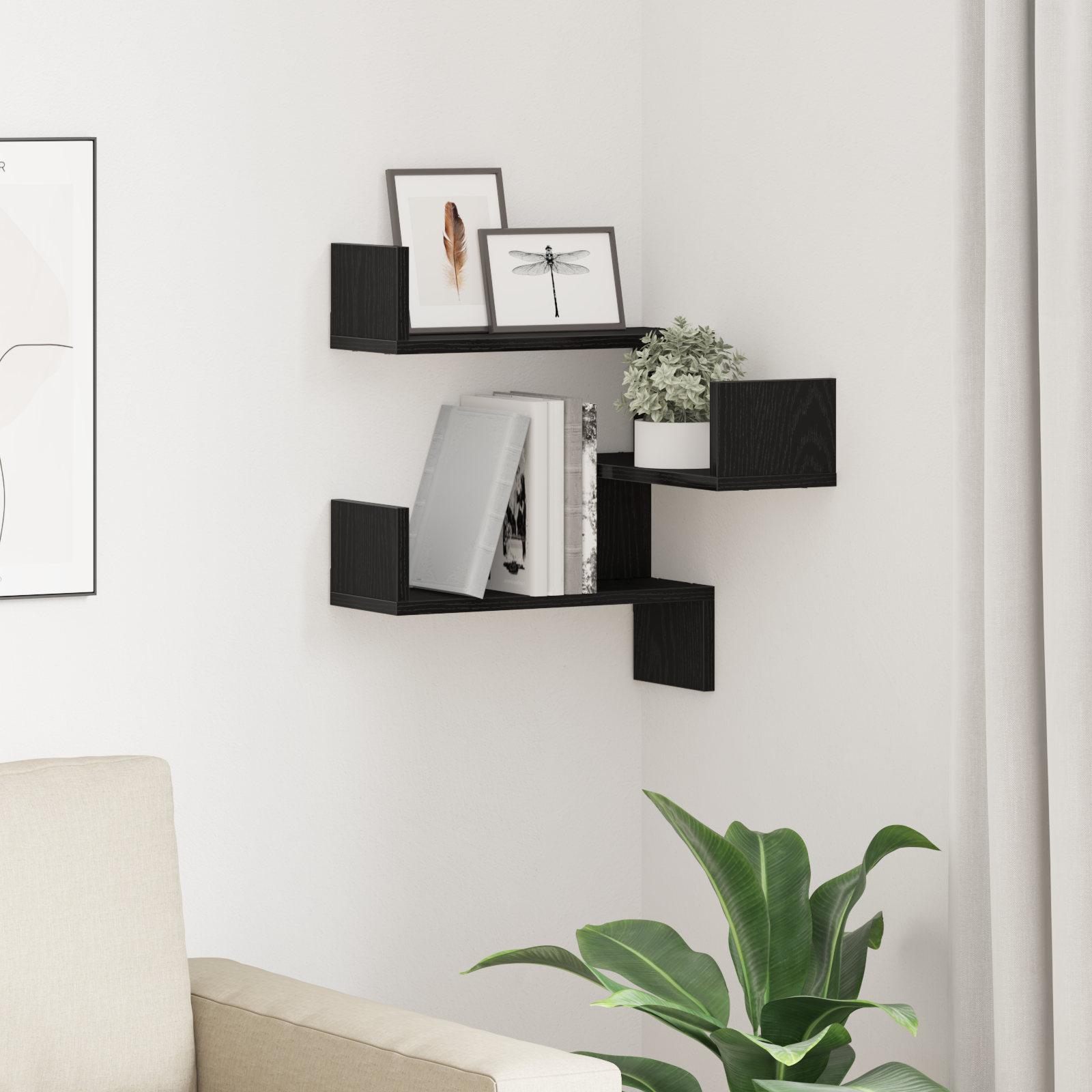 Black Oak Corner Wall Shelf - 40 x 40 x 49.5 cm, Made from Engineered Wood