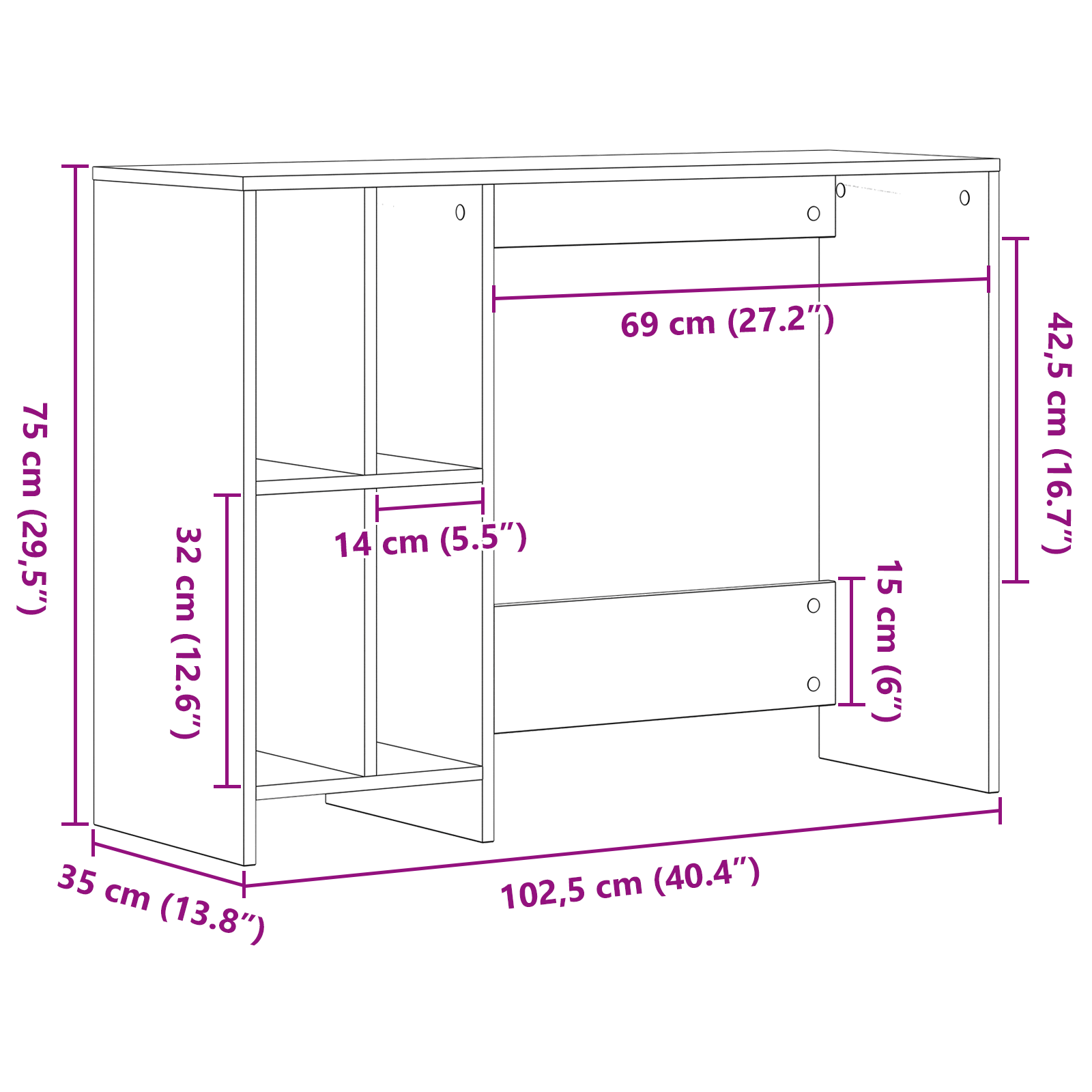 Black Oak Desk - 102.5x35x75 cm Made from Engineered Wood - Image 9