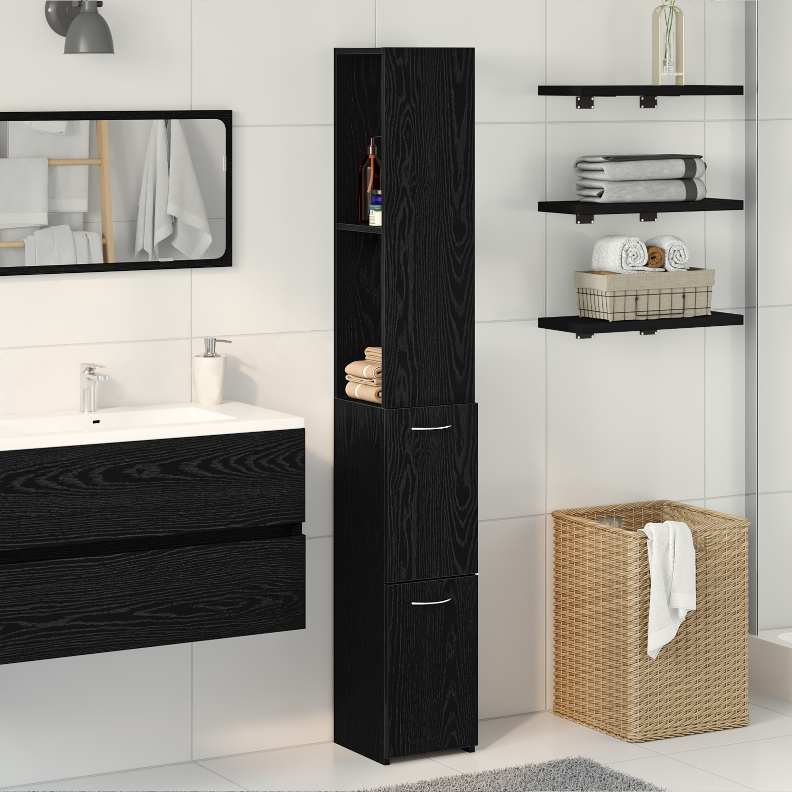 Black Oak Bathroom Cabinet 25x25x170 cm Made of Engineered Wood