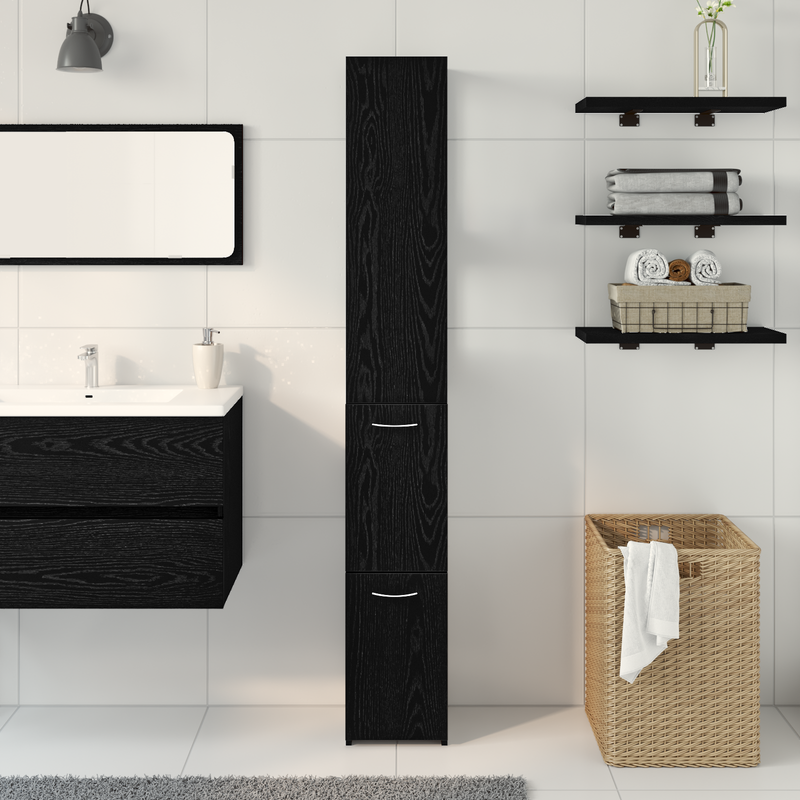 Black Oak Bathroom Cabinet 25x25x170 cm Made of Engineered Wood - Image 4