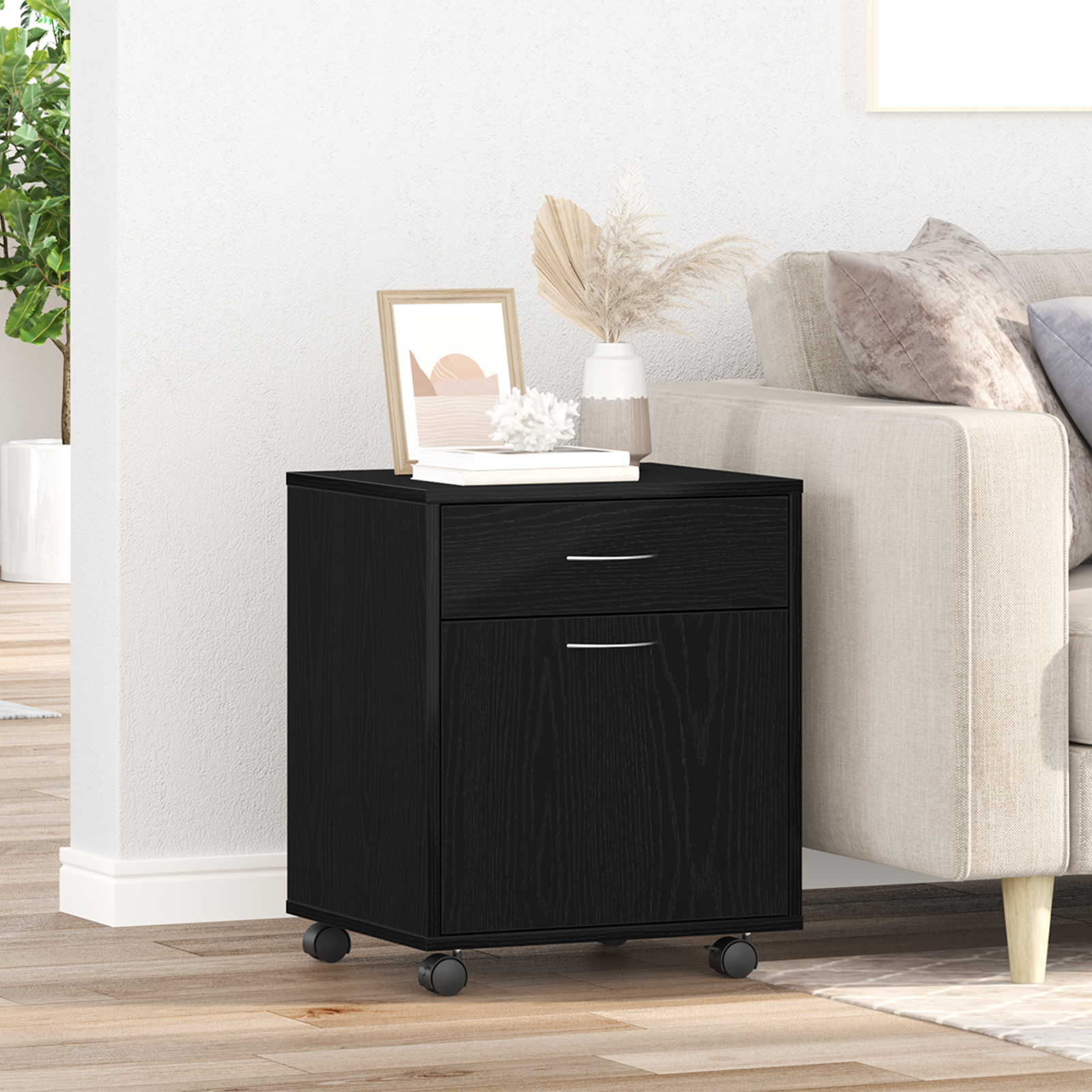 Rolling Cabinet in Black Oak, 45x38x54 cm, Made of Engineered Wood