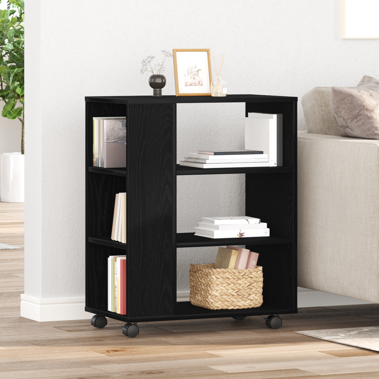 Rolling Cabinet in Black Oak, 60x35x75 cm, Made of Engineered Wood