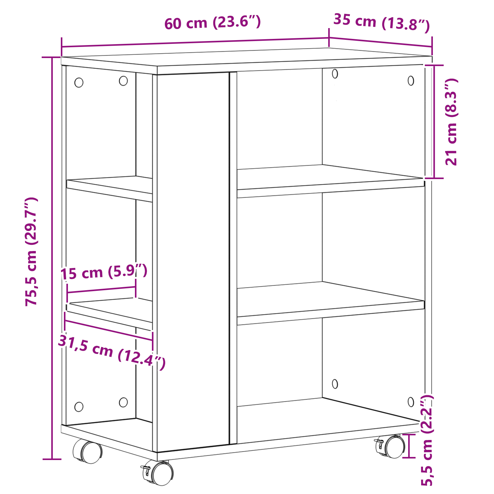 Rolling Cabinet in Black Oak, 60x35x75 cm, Made of Engineered Wood - Image 10