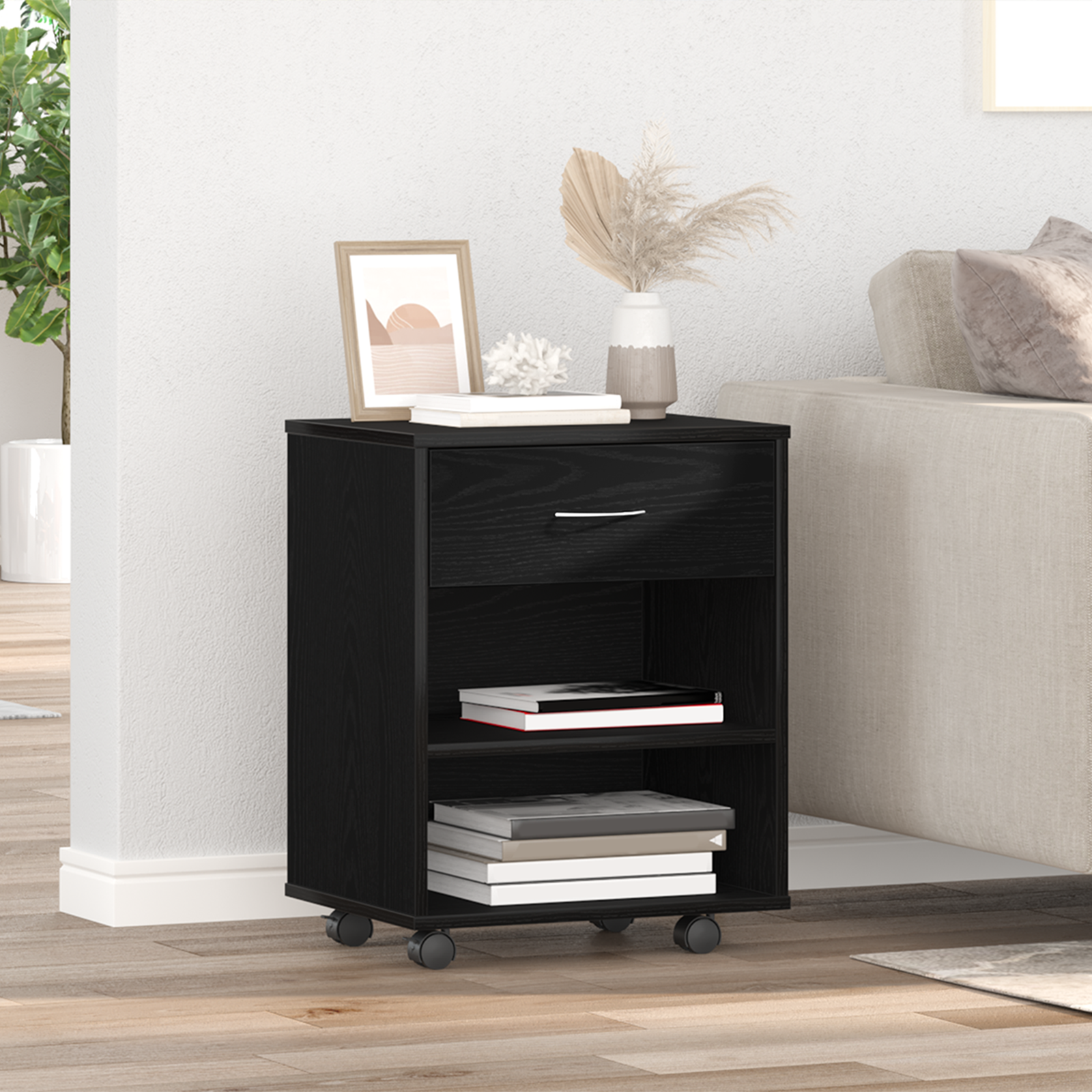 Rolling Cabinet in Black Oak - 46x36x59 cm Made of Engineered Wood