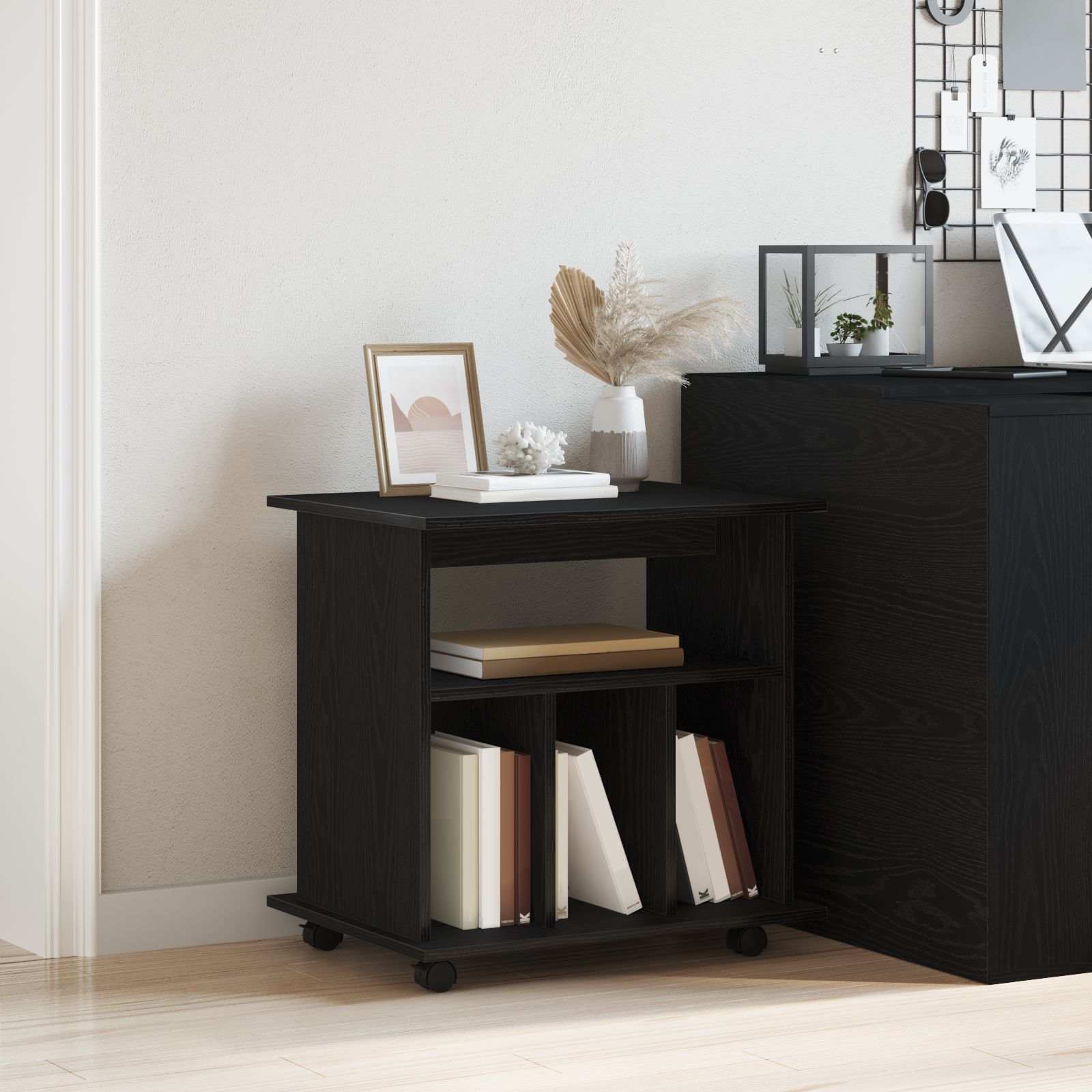 Rolling Cabinet Black Oak 60x45x55 cm Engineered Wood - Image 4