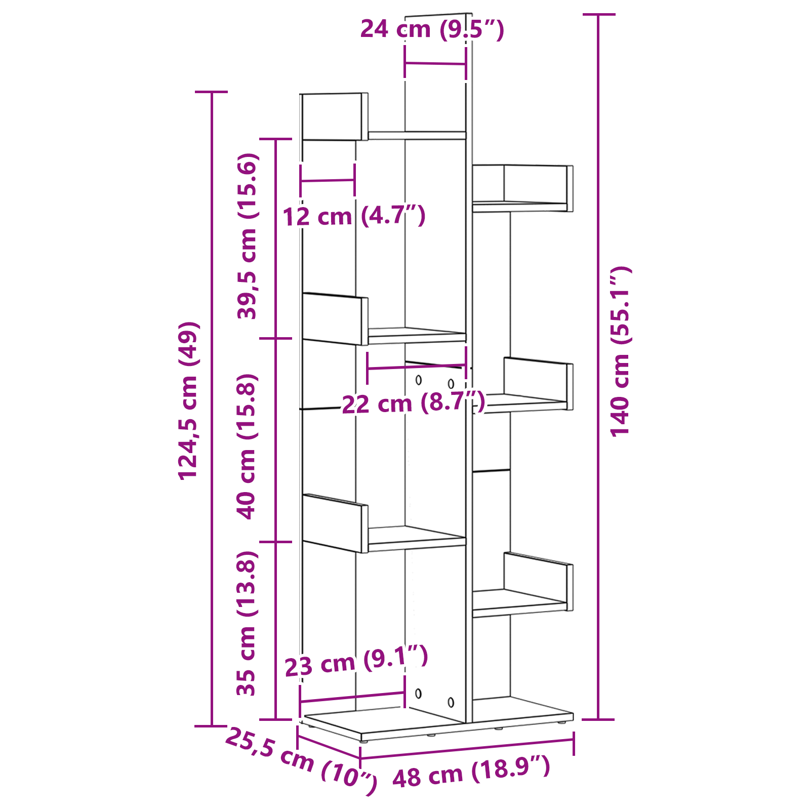 Black Oak Bookshelf - 48x25.5x140 cm, Made from Engineered Wood - Image 9