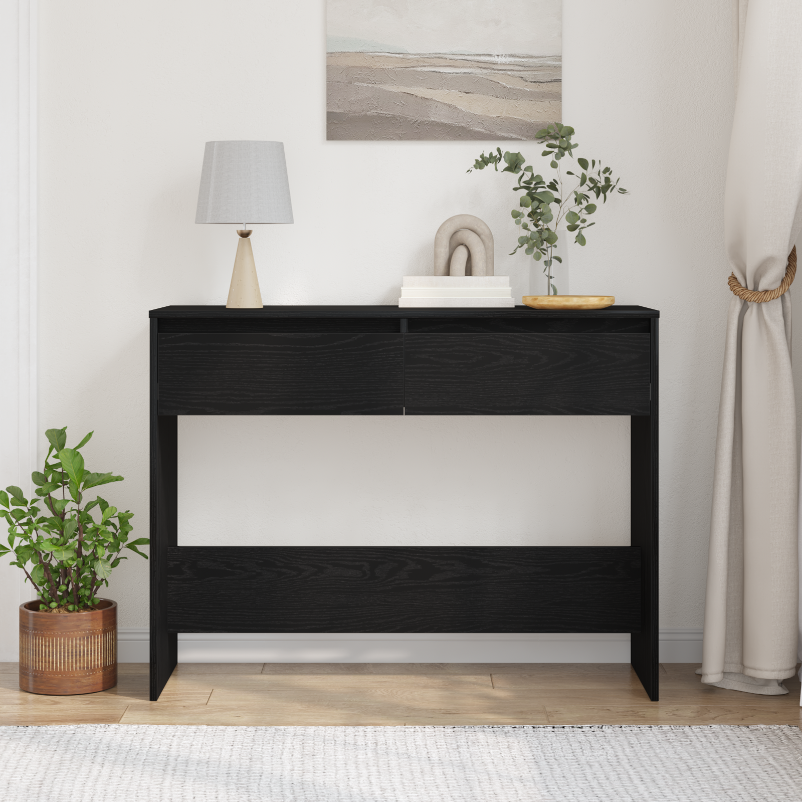 Juodas ąžuolo konsolinis stalas - 100x35x76.5 cm - Inžinerinė mediena