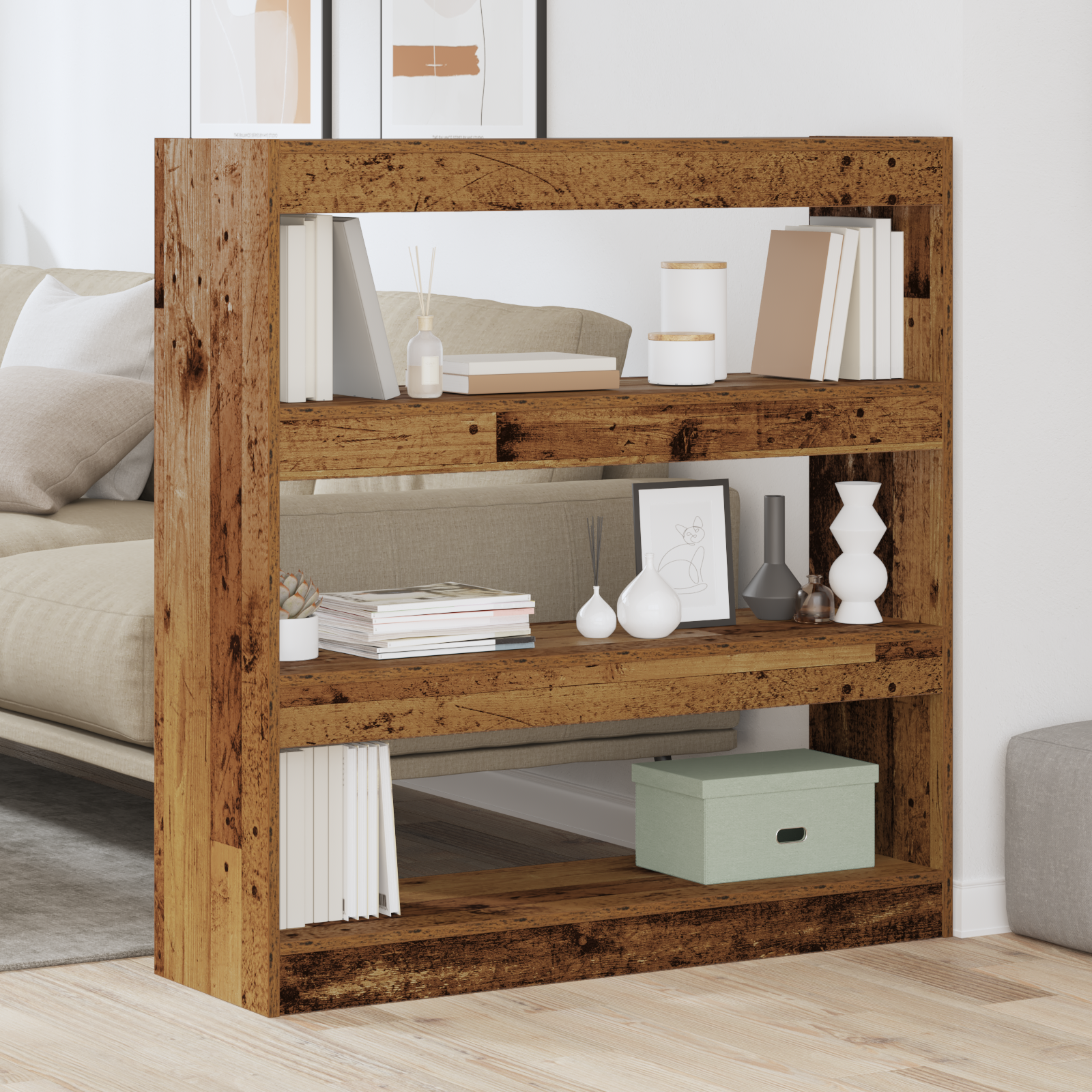 Book Cabinet/Room Divider - Rustic Wood - 100x30x103cm - Engineered Wood - Image 4