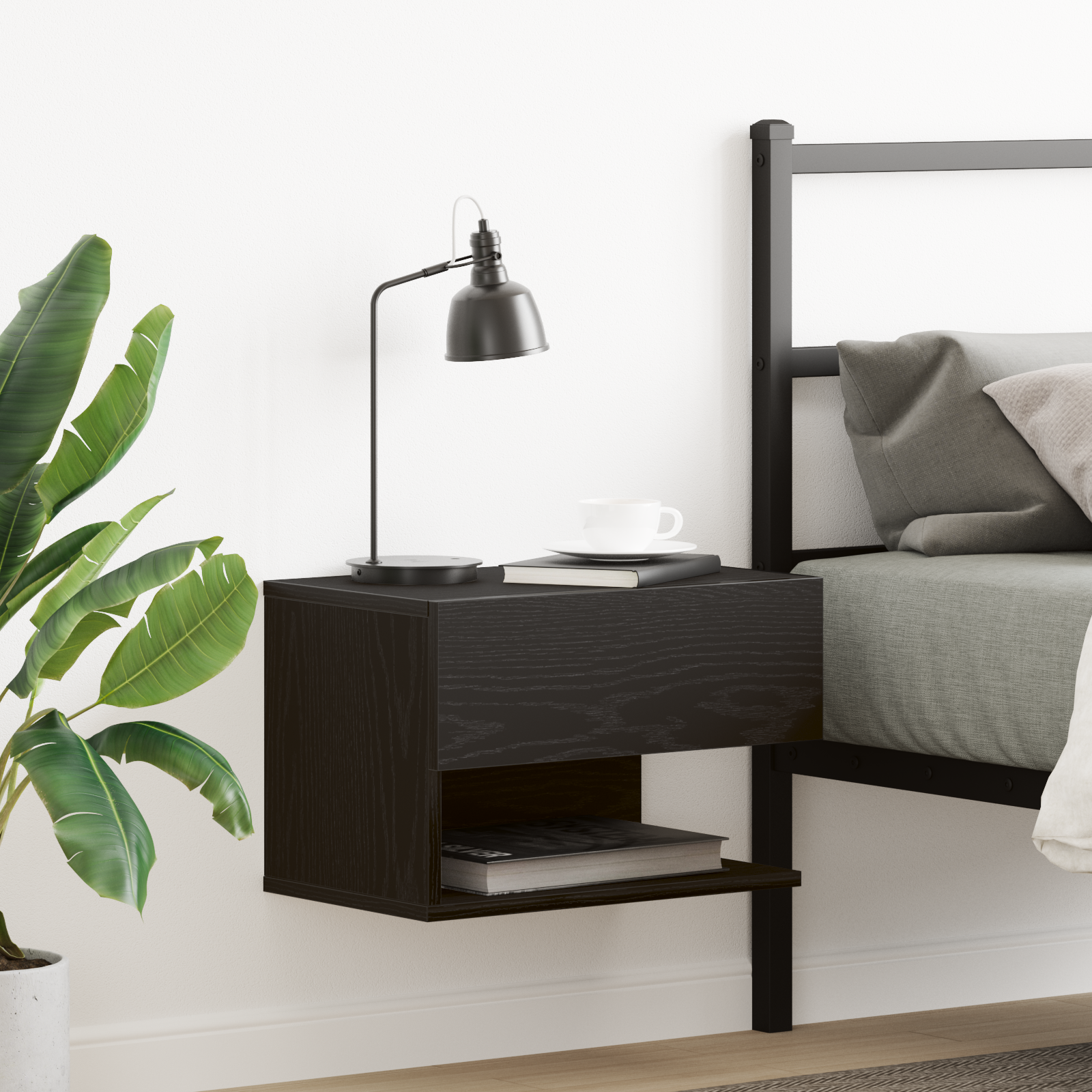 Wall-Mounted Nightstand in Black Oak with Engineered Wood