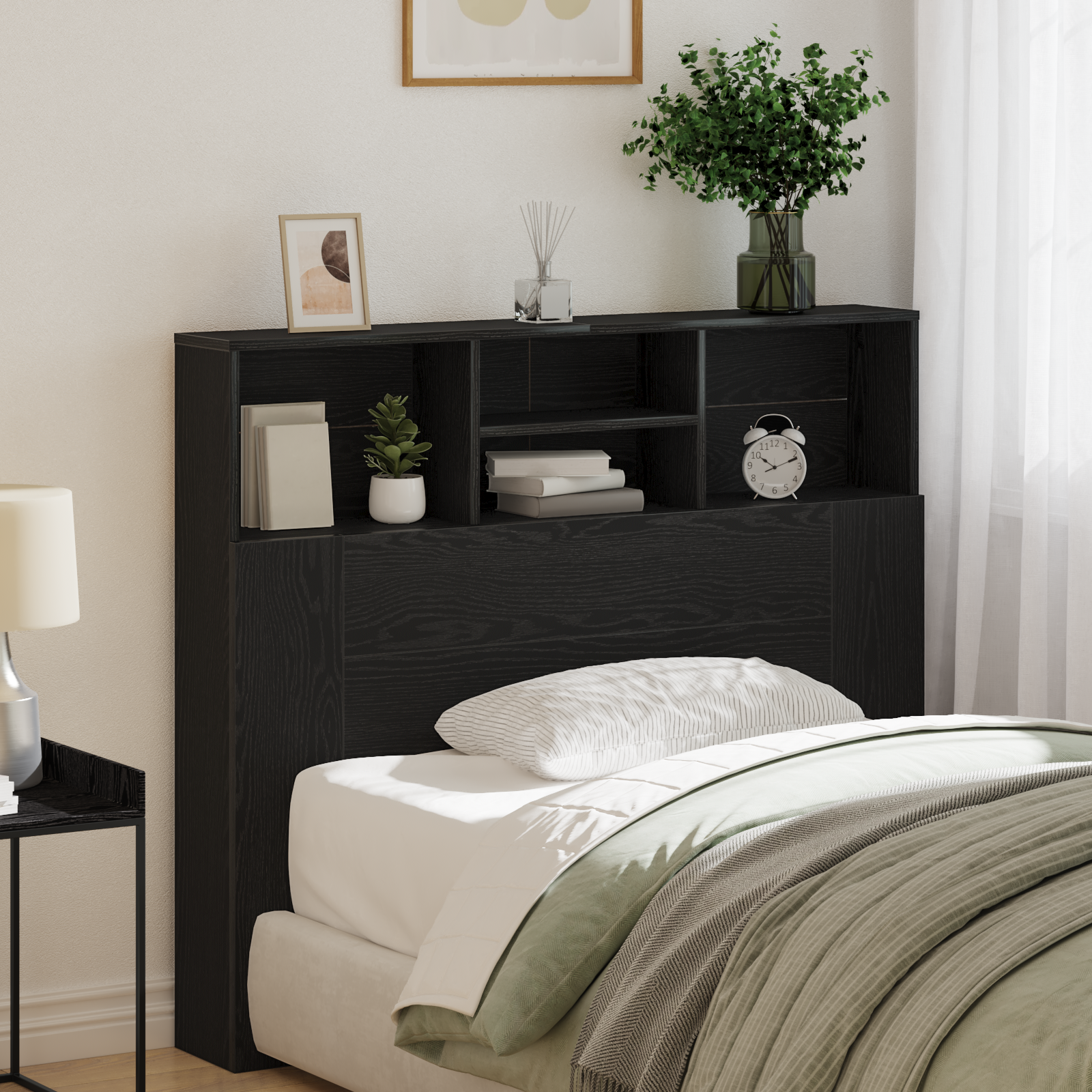 Headboard Cabinet Black Oak 120x19x103.5 cm Engineered Wood - Image 4