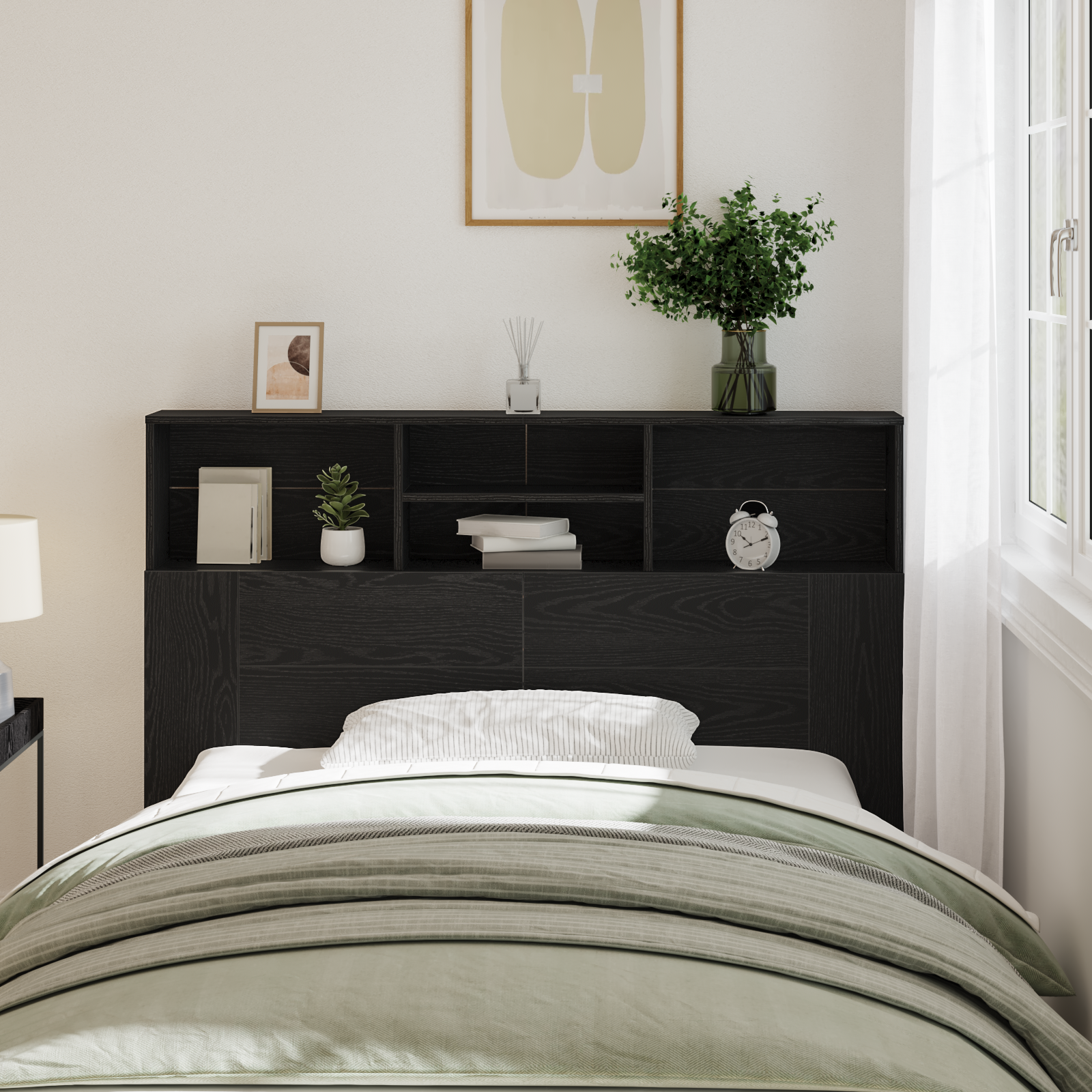 Headboard Cabinet - Black Oak, 140x19x103.5 cm, Made of Engineered Wood