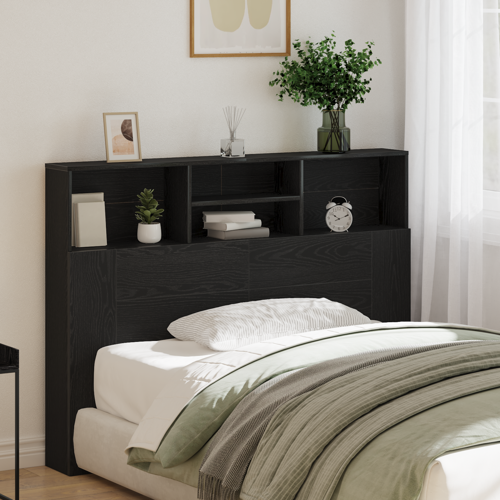 Headboard Cabinet - Black Oak, 140x19x103.5 cm, Made of Engineered Wood - Image 4