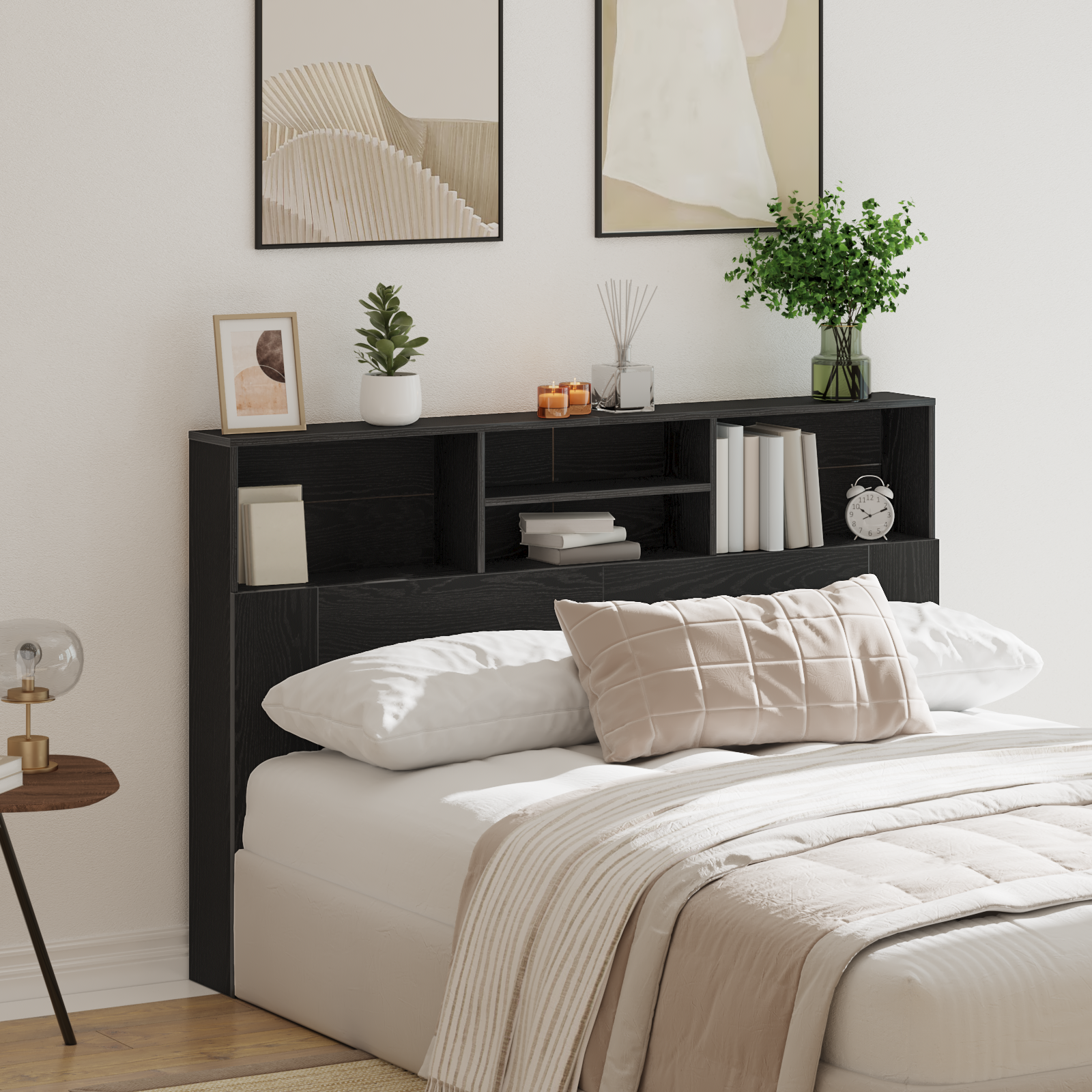 Headboard Cabinet in Black Oak - 160x19x103.5 cm Made from Engineered Wood - Image 4