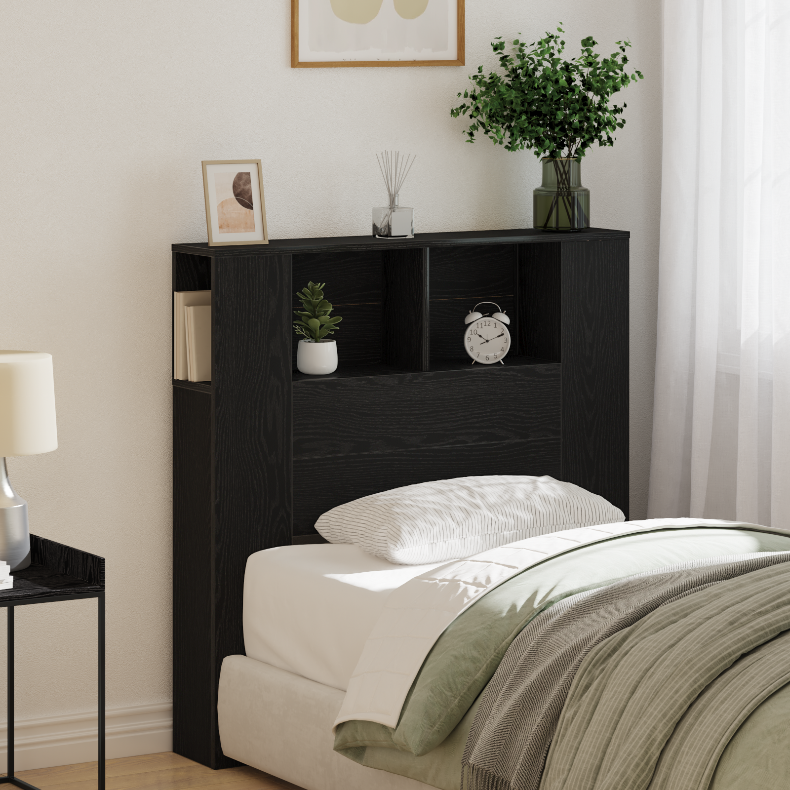 Headboard Cabinet Black Oak 100x19x104.5 cm Made of Engineered Wood - Image 4