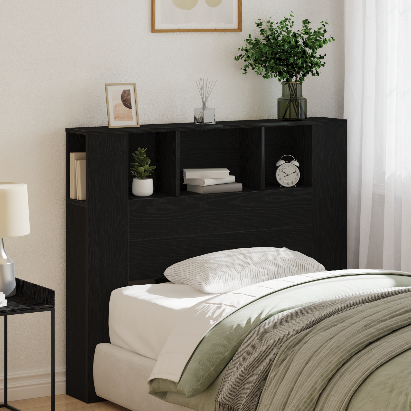 Headboard Cabinet Black Oak 120x19x104,5 cm Engineered Wood - Image 4