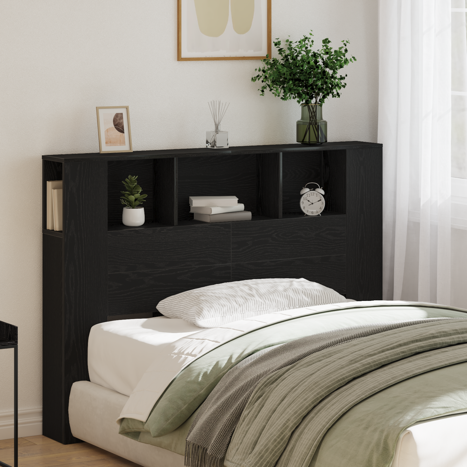 Black Oak Headboard Cabinet - 140x19x104.5 cm - Made from Engineered Wood