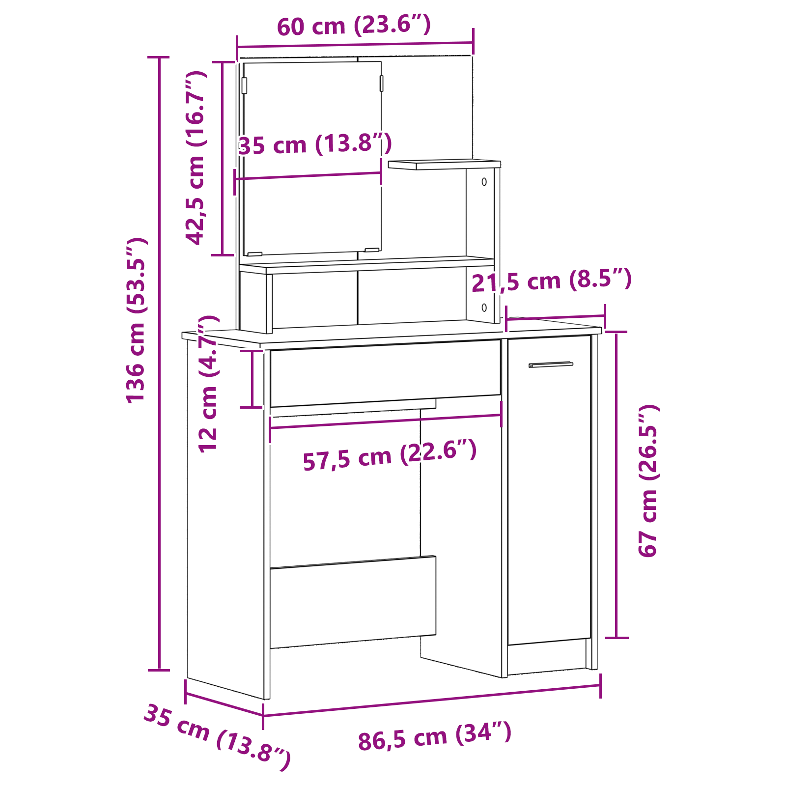 Black Oak Dressing Table with Mirror - 86.5 x 35 x 136 cm - Image 11