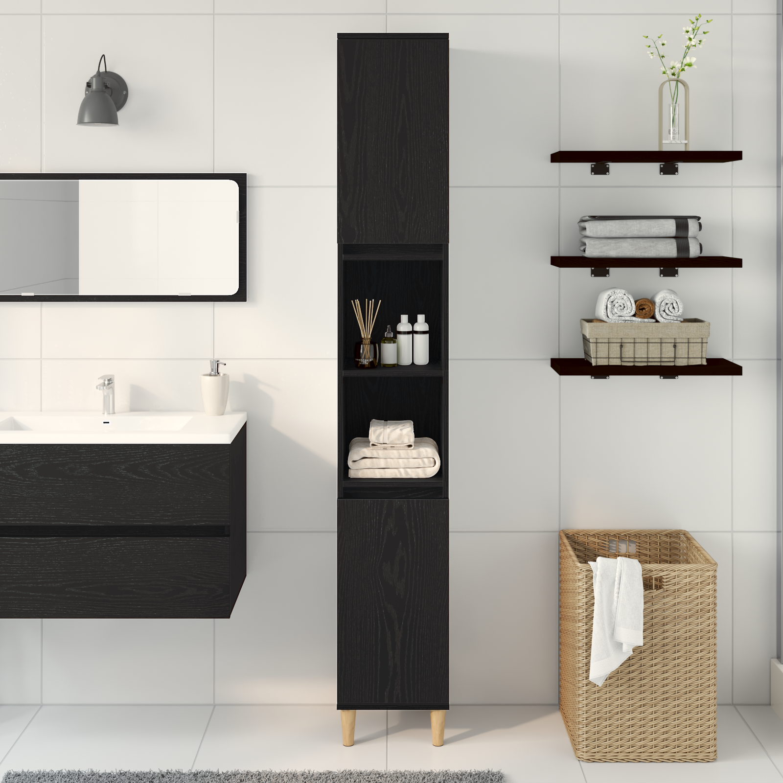 Bathroom Cabinet Black Oak 30x30x190 cm Engineered Wood - Image 4
