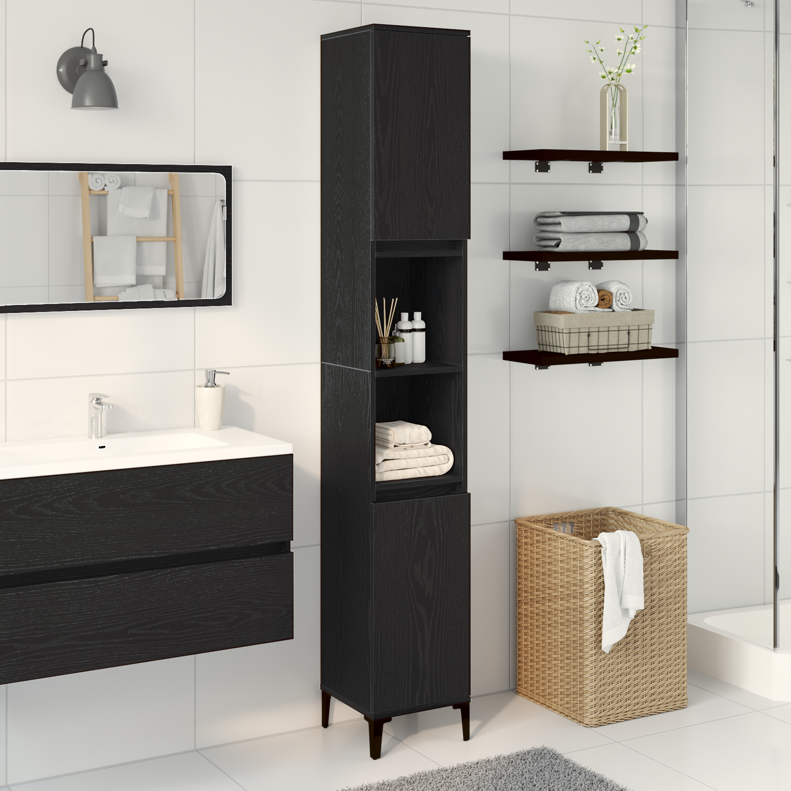 Bathroom Cabinet Black Oak 30x30x190 cm Engineered Wood