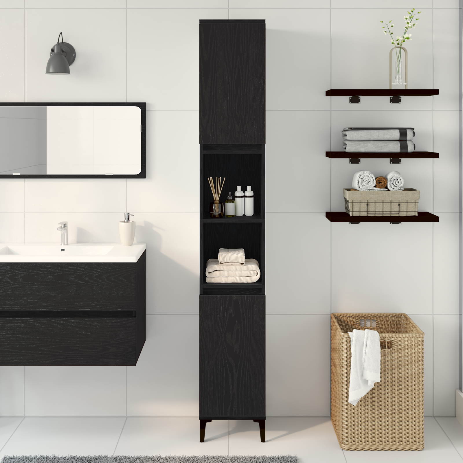Bathroom Cabinet Black Oak 30x30x190 cm Engineered Wood - Image 4