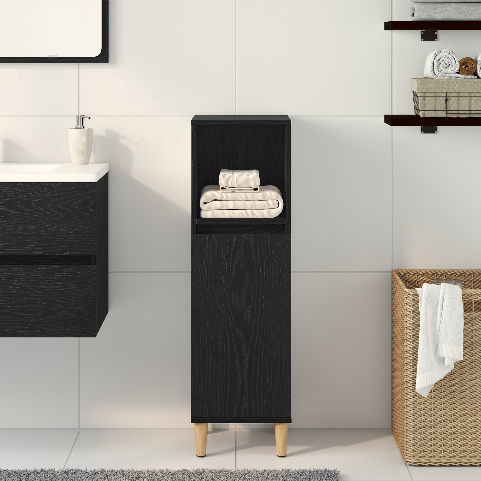 Bathroom Cabinet Black Oak 30x30x100 cm Engineered Wood - Image 4
