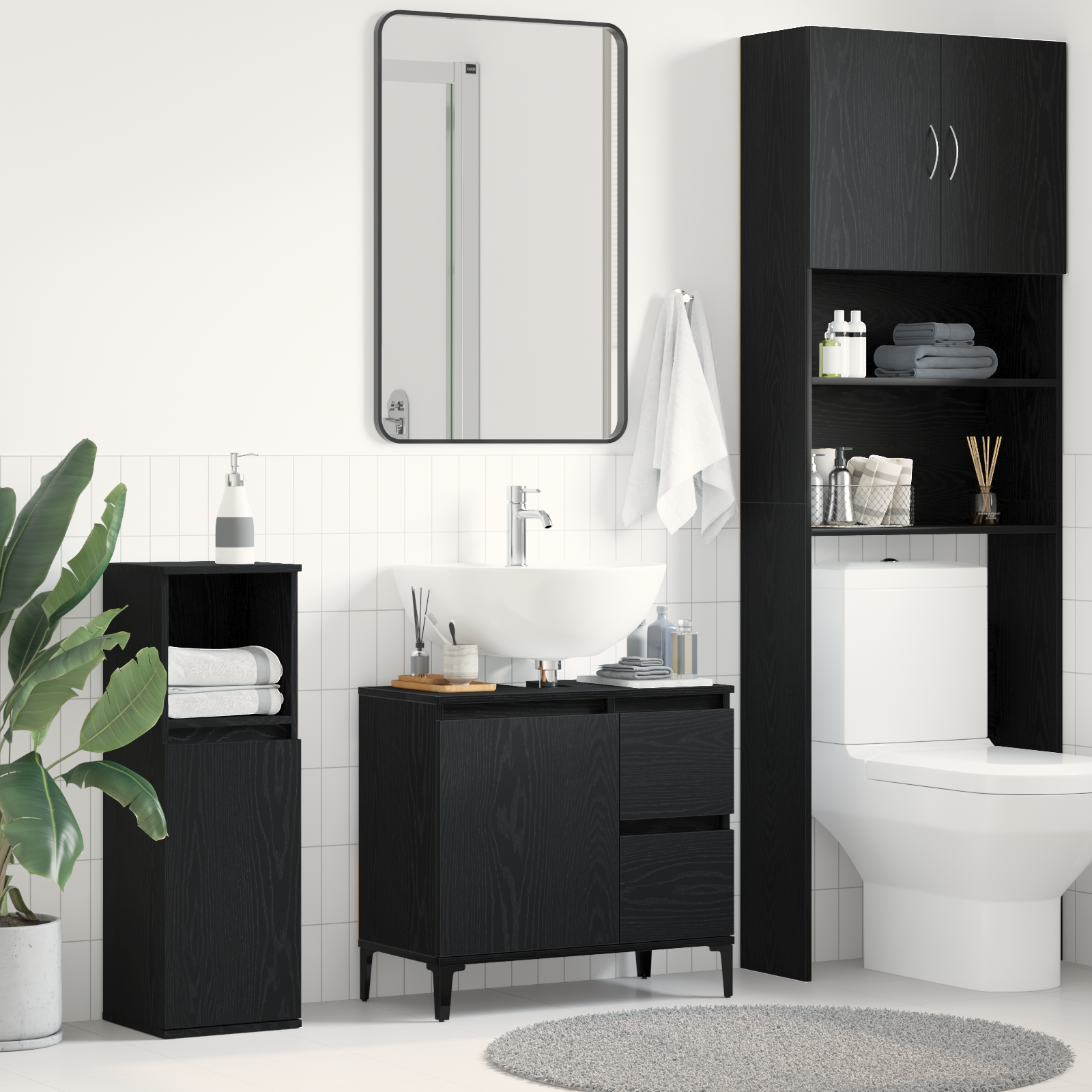 Thumbnail - vidaXL Waschbeckenschrank Schwarz Eiche 65x33x60 cm Holzwerkstoff