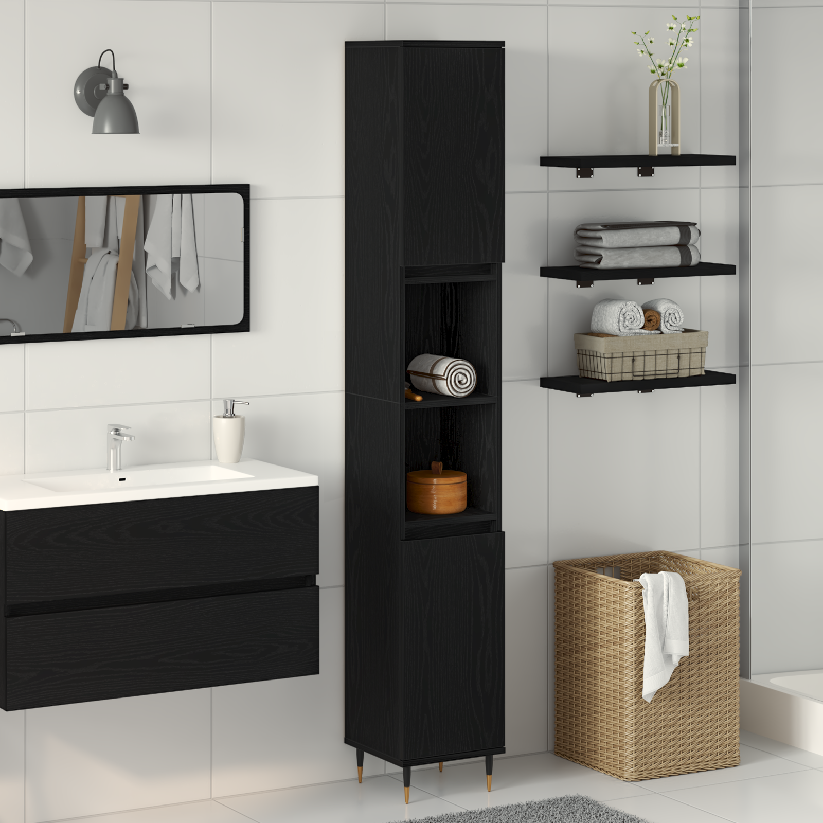 Bathroom Cabinet Black Oak 30x30x190 cm Engineered Wood