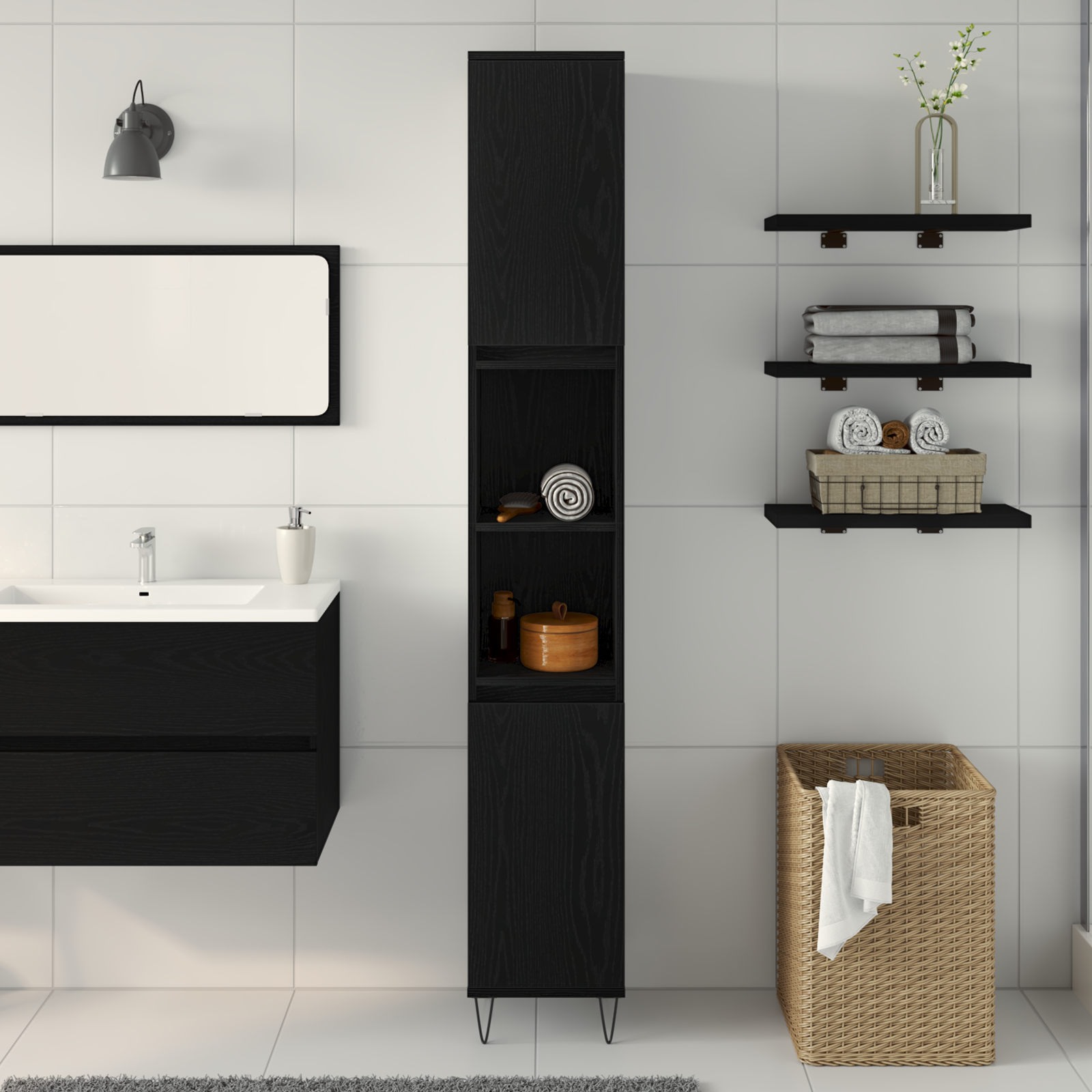 Bathroom Cabinet Black Oak 30x30x190 cm Engineered Wood - Image 4