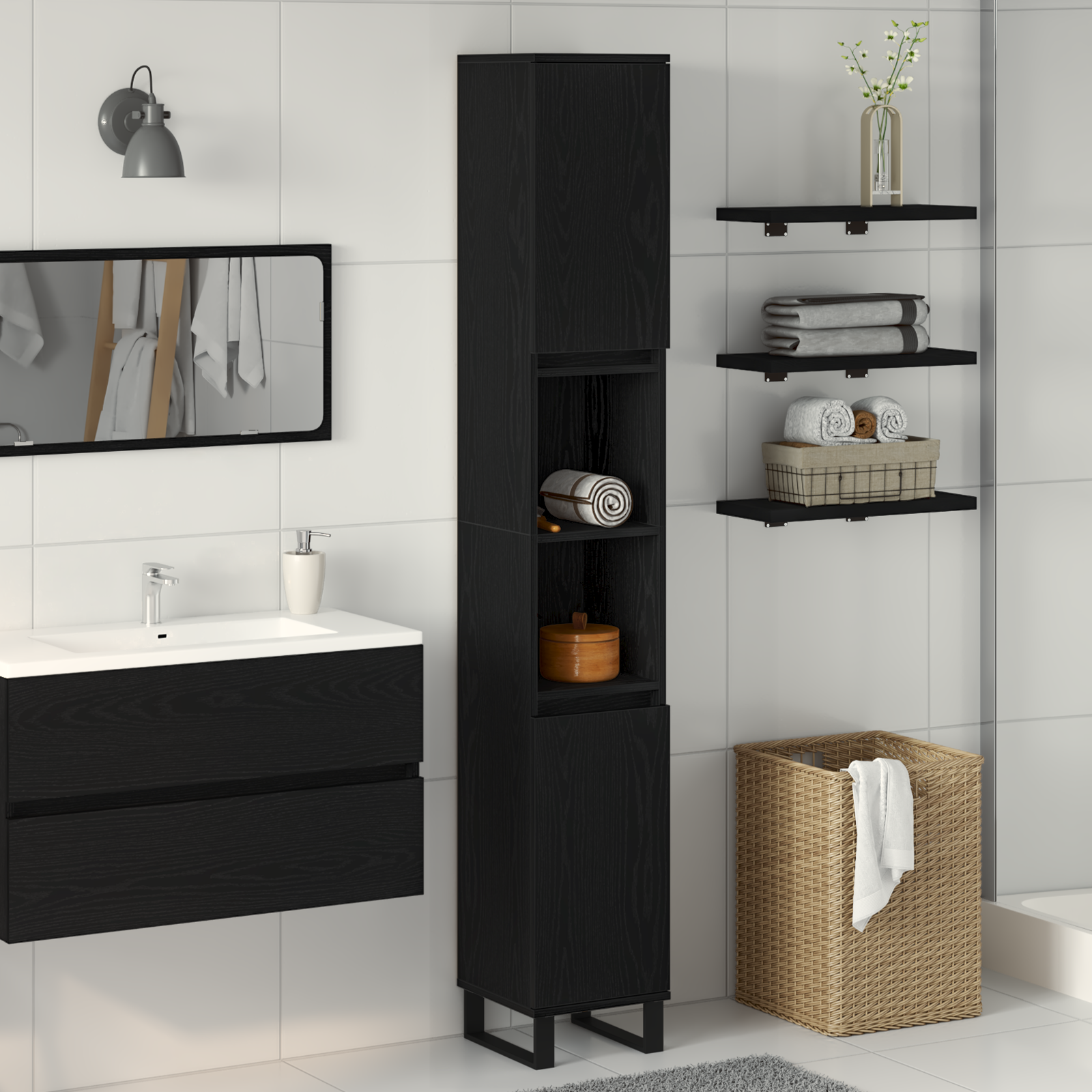 Bathroom Cabinet Black Oak 30x30x190 cm Engineered Wood