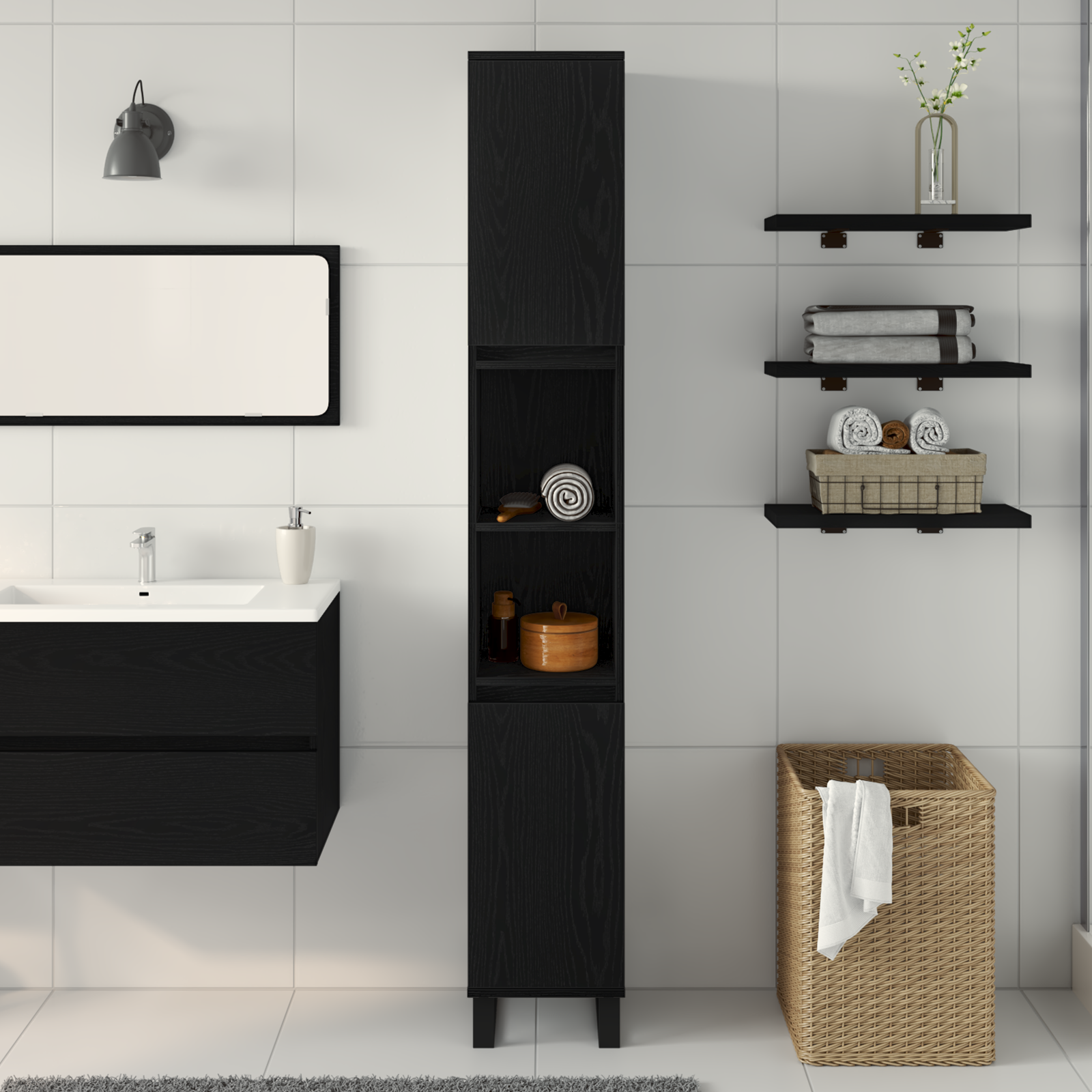 Bathroom Cabinet Black Oak 30x30x190 cm Engineered Wood - Image 4