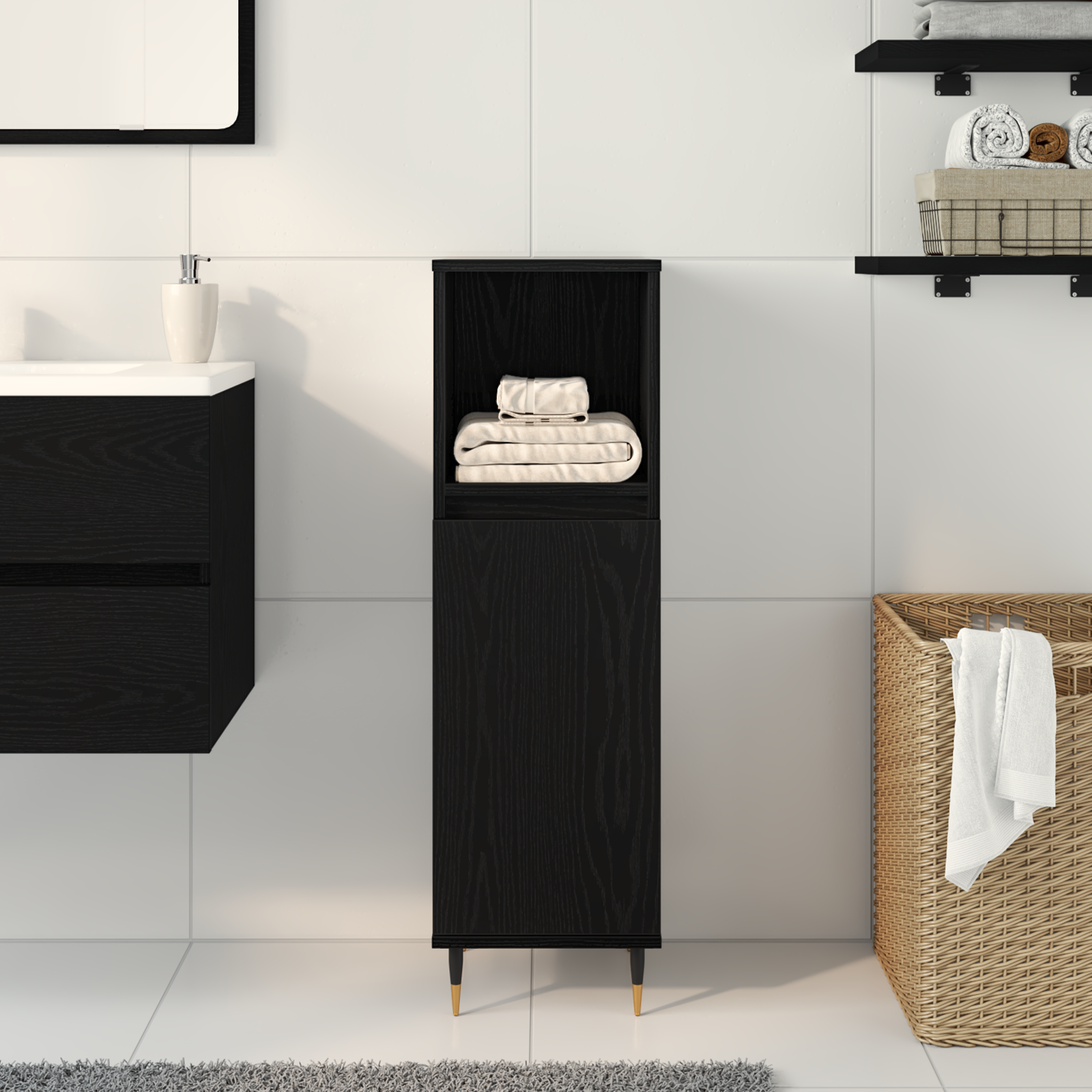 Bathroom Cabinet Black Oak 30x30x100 cm Engineered Wood - Image 4