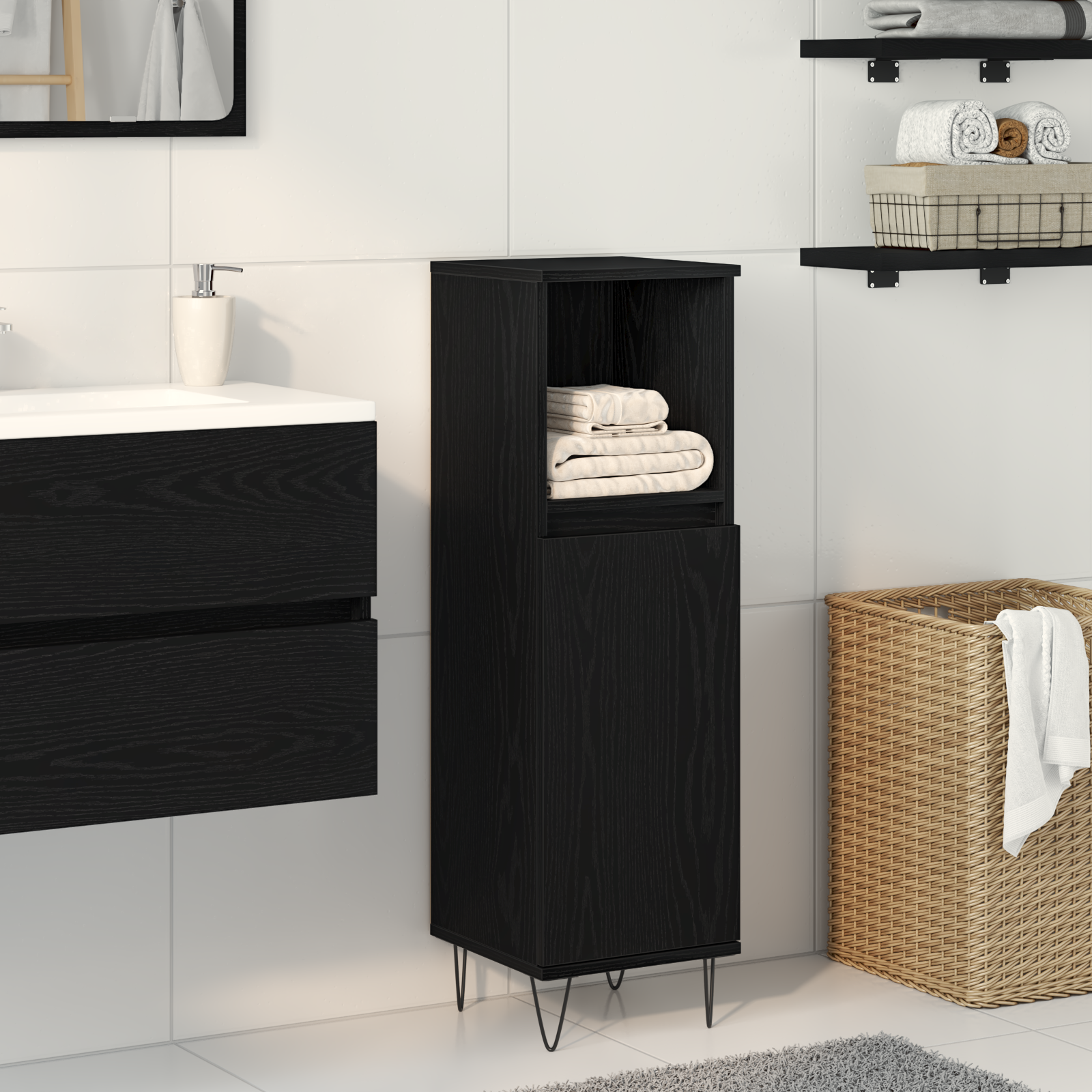 Bathroom Cabinet Black Oak 30x30x100 cm Engineered Wood