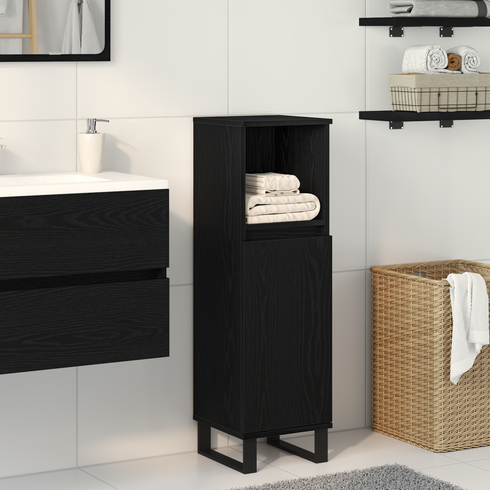 Bathroom Cabinet Black Oak 30x30x100 cm Engineered Wood