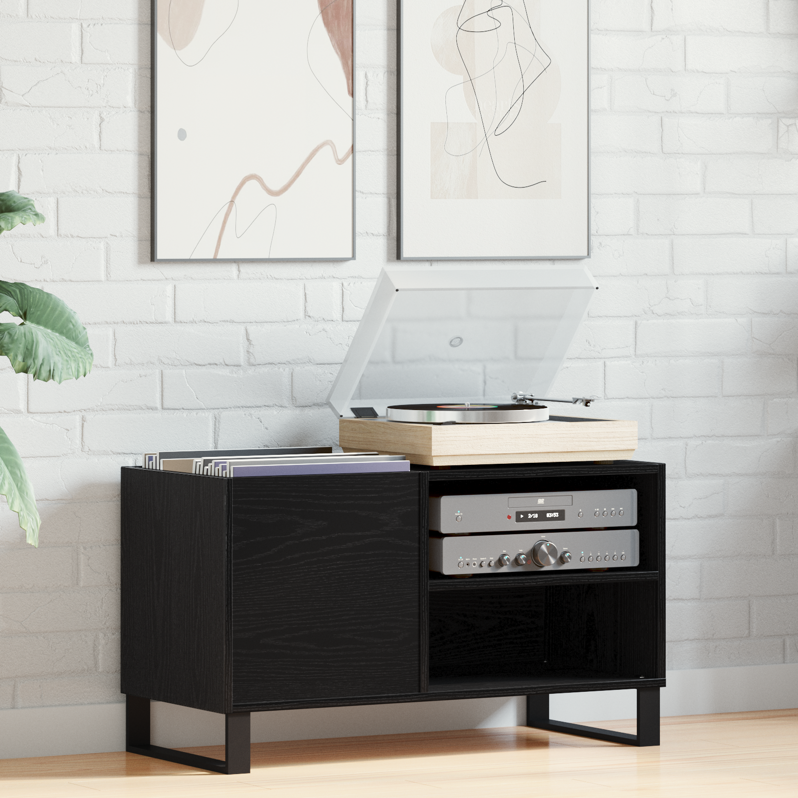 Record Cabinet Black Oak 84.5x38x48 cm Made from Engineered Wood