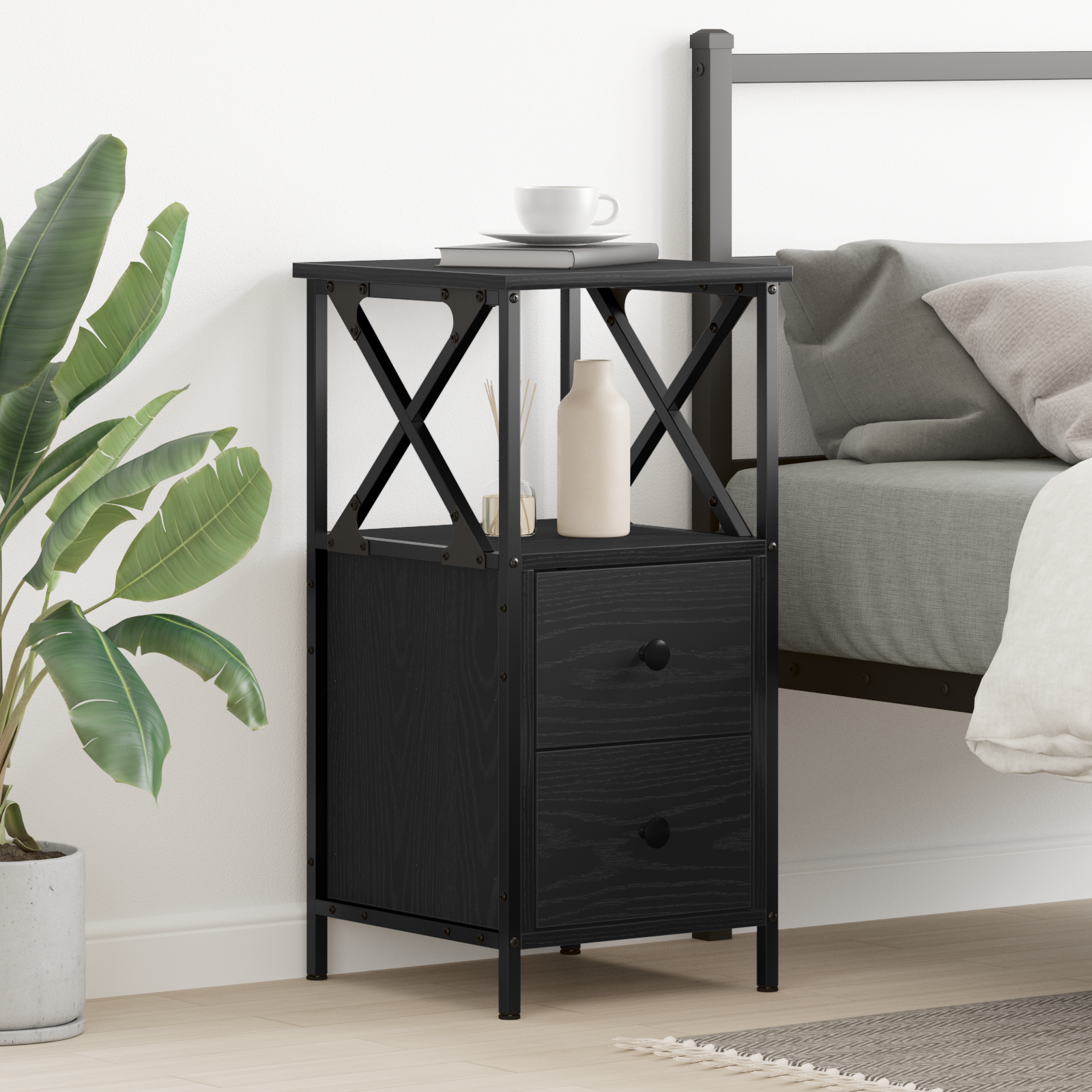 Black Oak Nightstand, 34x35.5x70 cm, Made of Engineered Wood