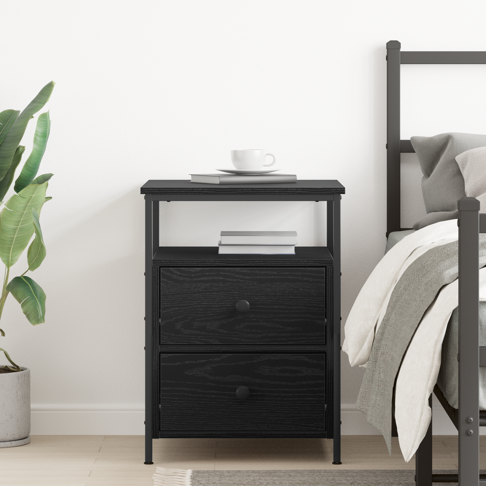 Bedside Cabinet Black Oak 44x45x60 cm Engineered Wood and Steel - Image 4
