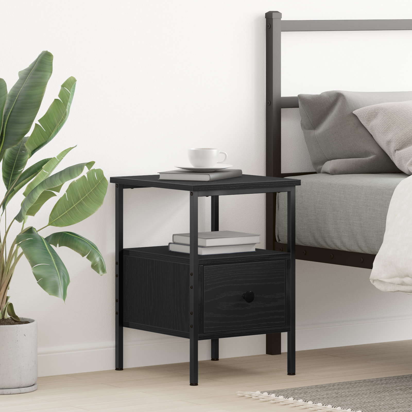 Bedside Cabinet Black Oak 34x36x50 cm Engineered Wood and Steel