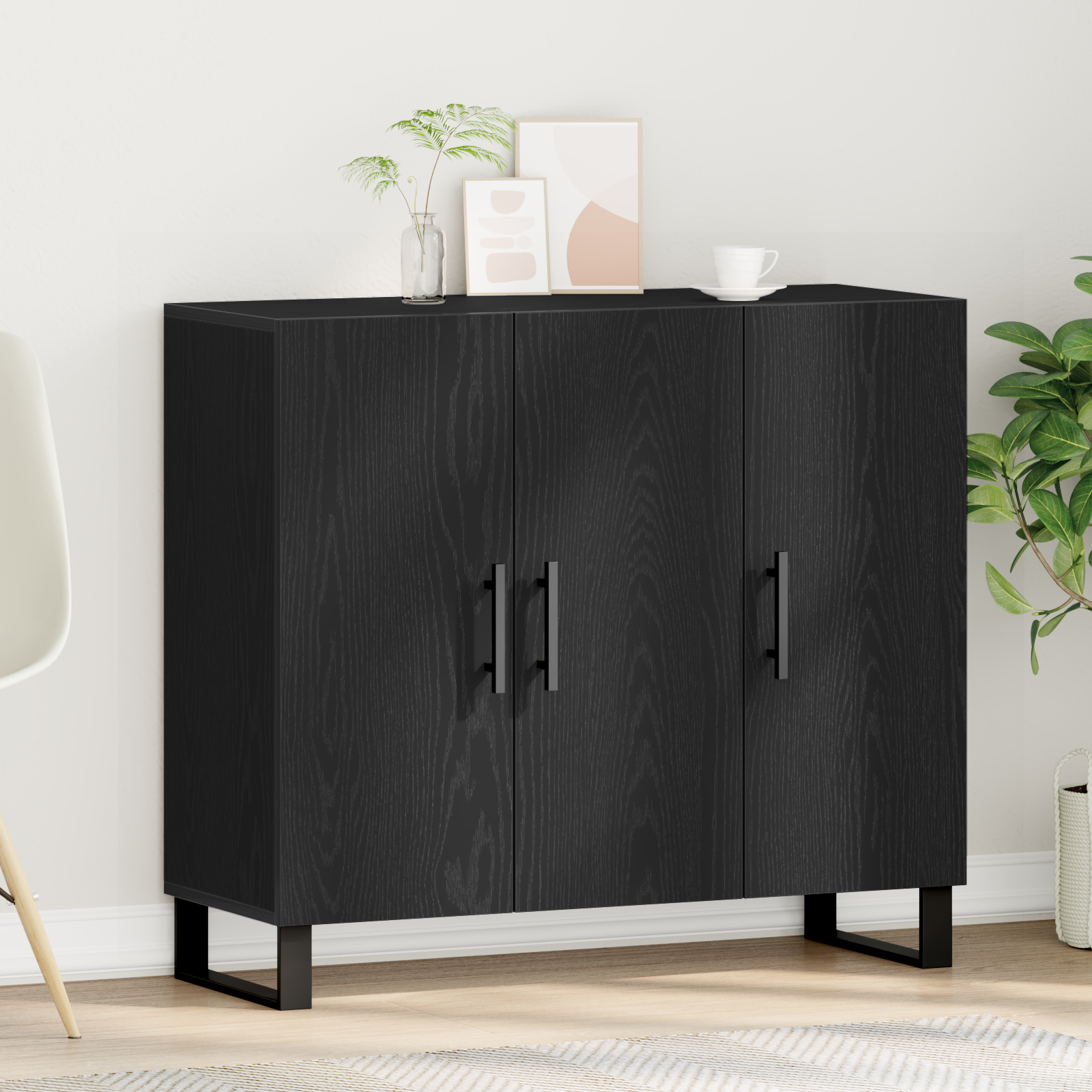 Sideboard with 3 Doors Black Oak 90x34x80 cm Engineered Wood
