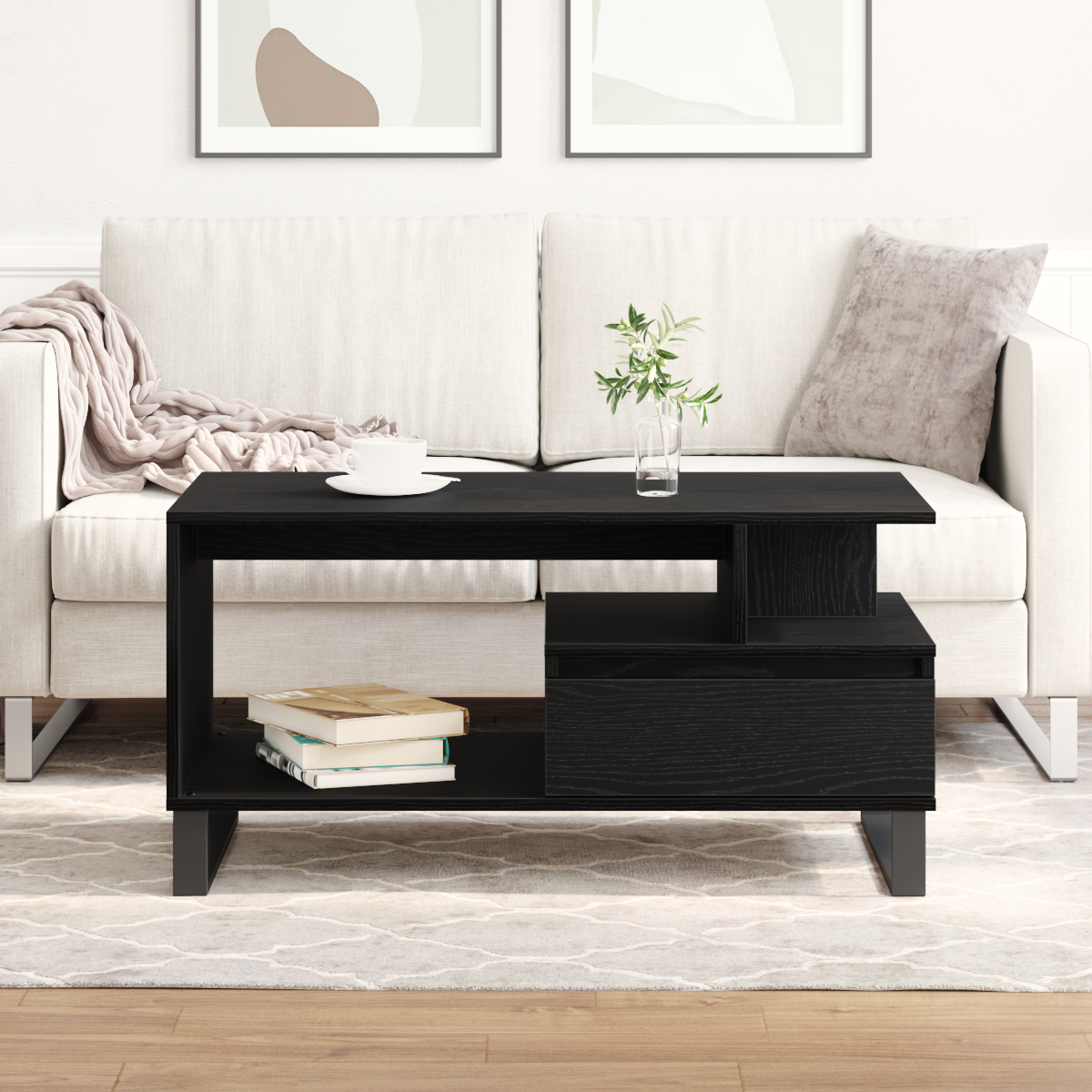 Coffee Table Black Oak 90x49x45 cm Engineered Wood - Image 4