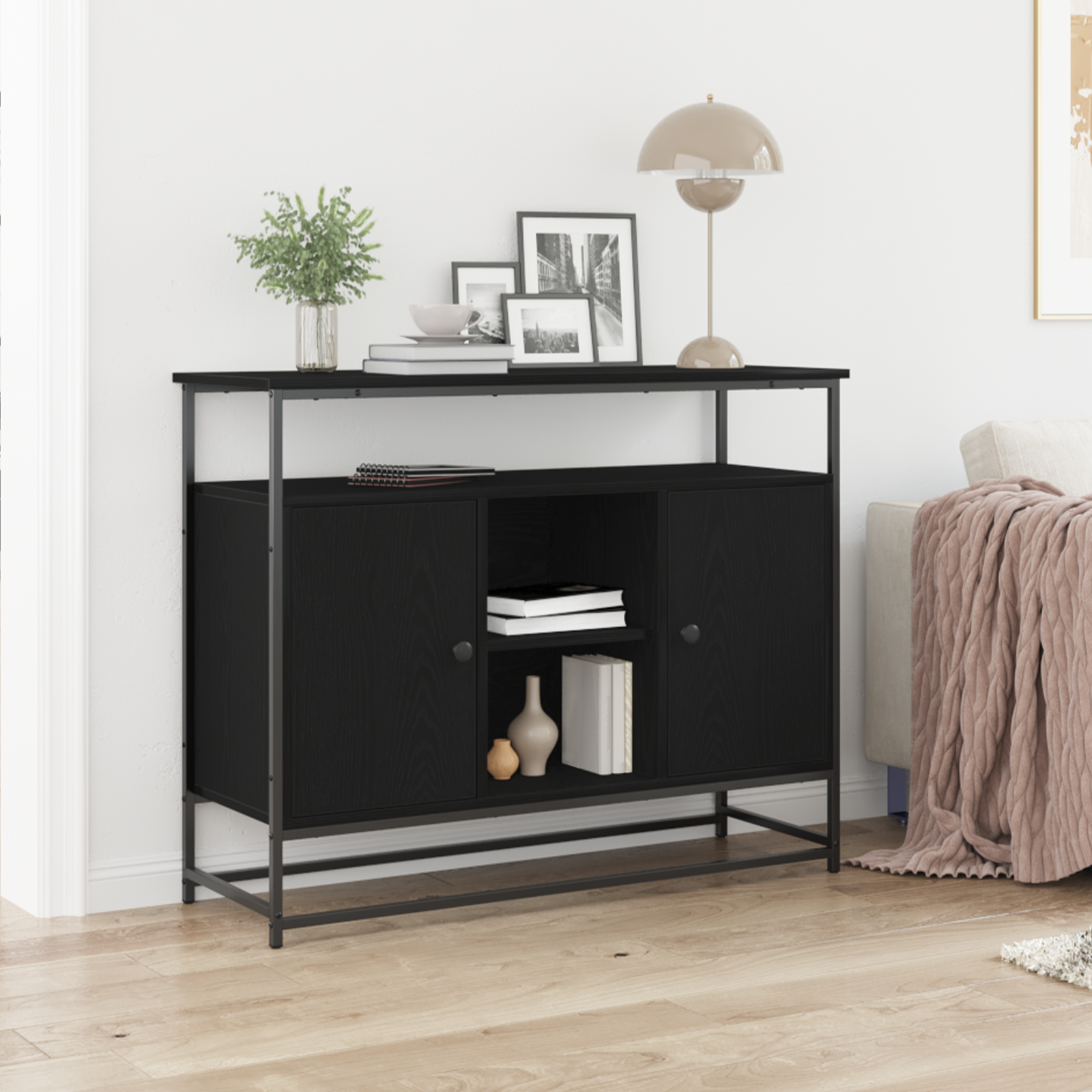 Sideboard Black Oak 100x35x80 cm Engineered Wood and Steel