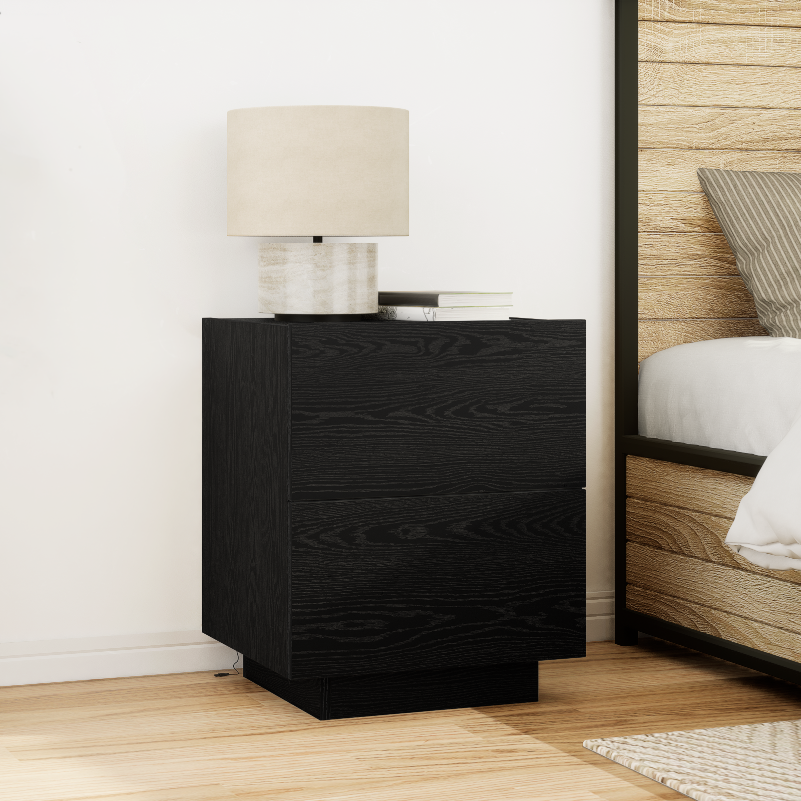 Bedside Cabinet with LED Lights Black Oak 45x40x55 cm